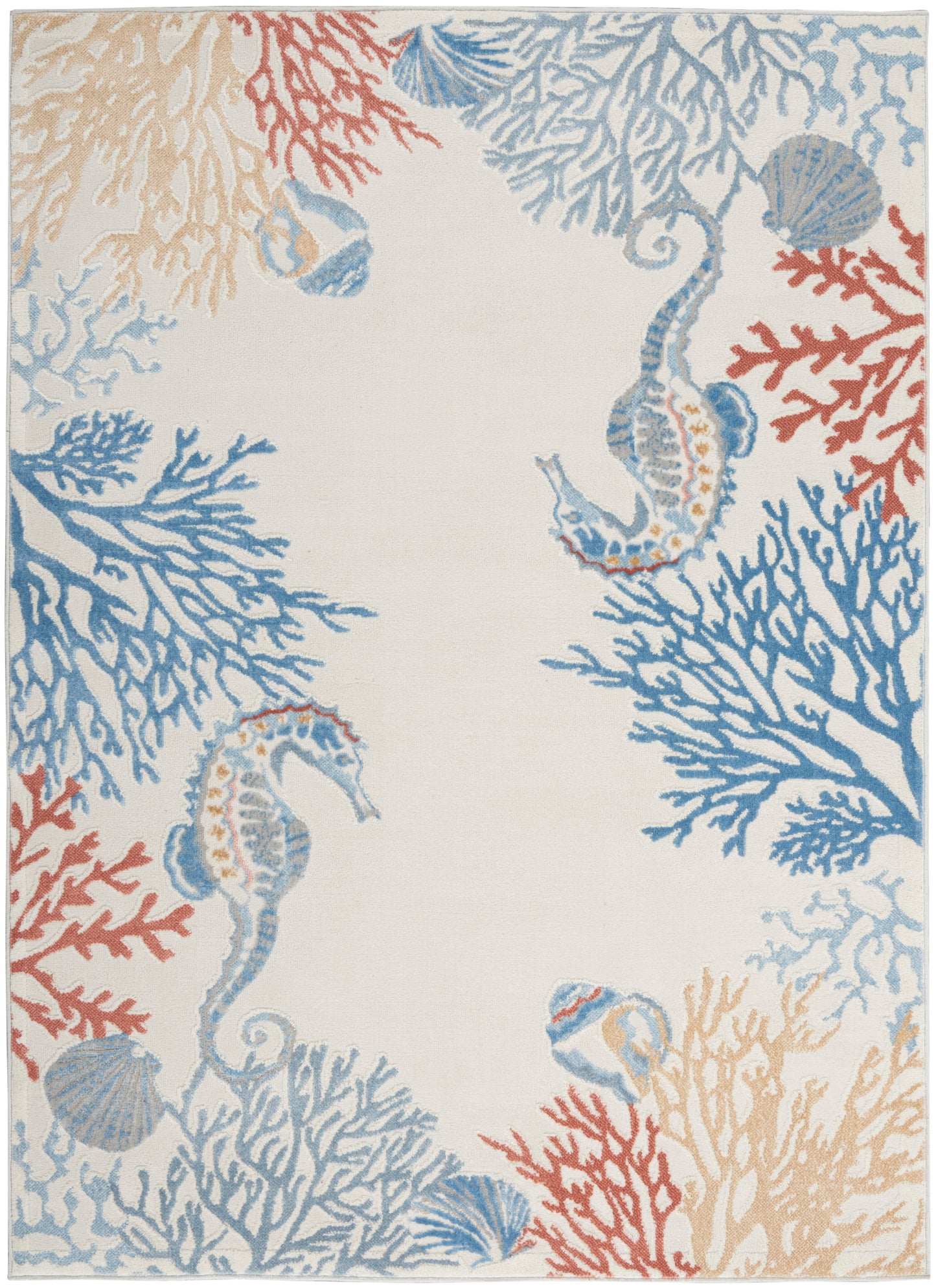 Coastal-style area rug featuring seahorses and coral in blue, red and tan on ivory background.