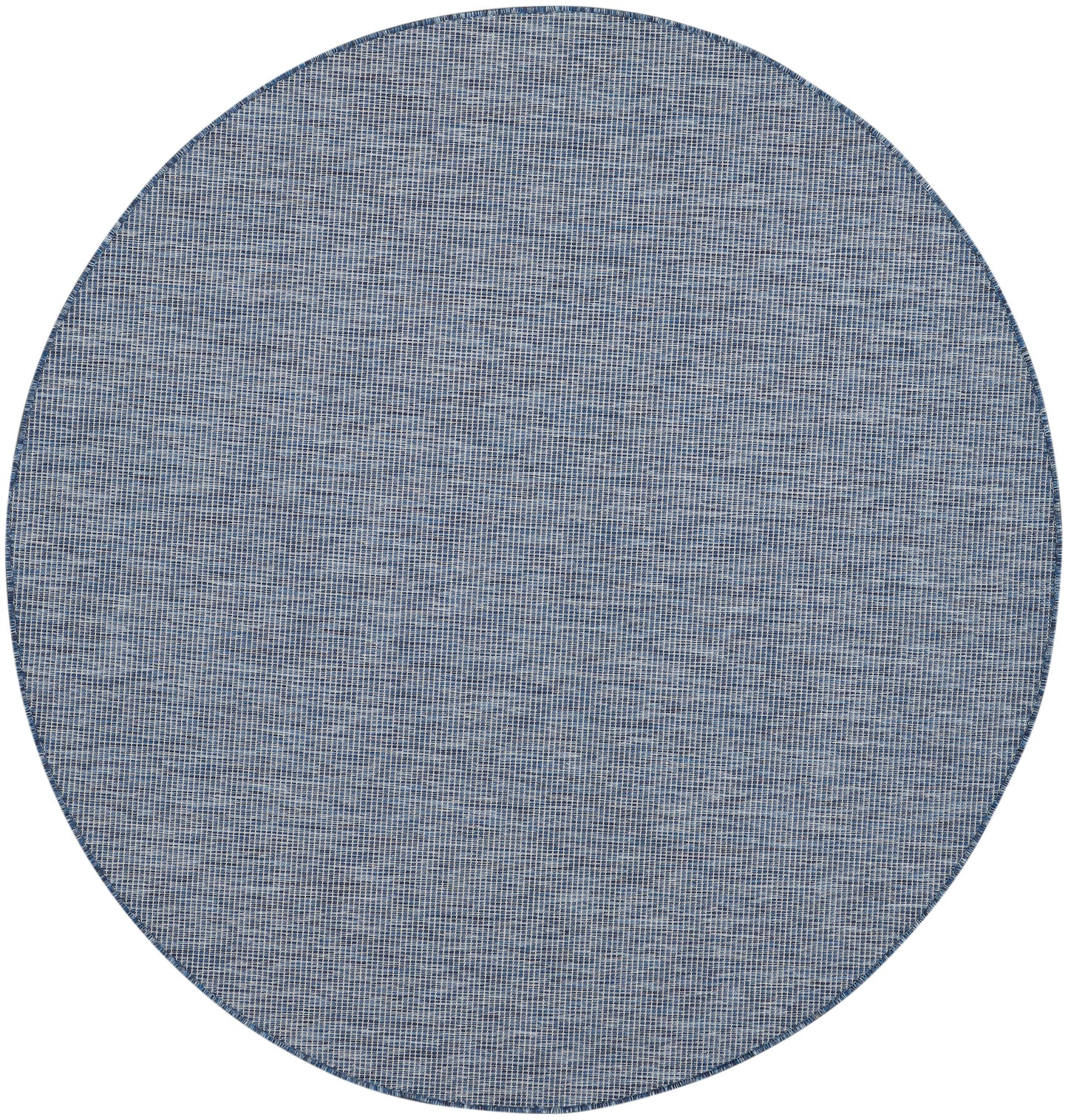 Round denim-blue woven rug with subtle grid texture and dark edge.