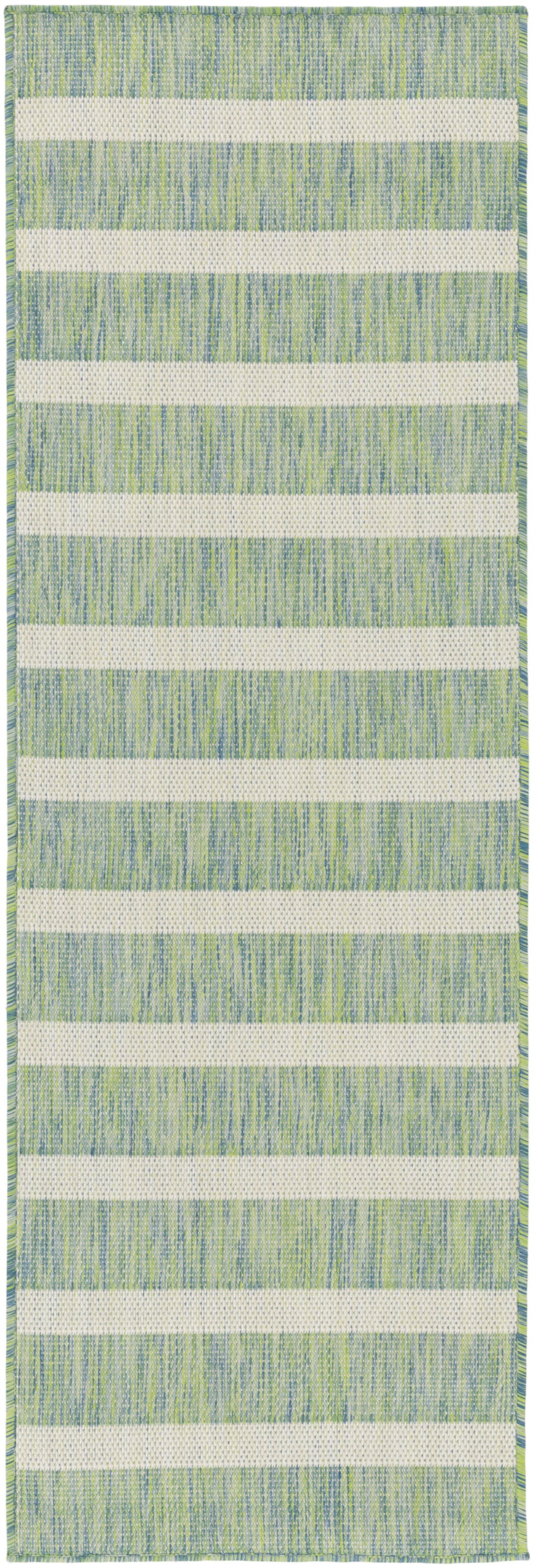 Green-blue striped woven rug with white bands; rectangular 6' runner.