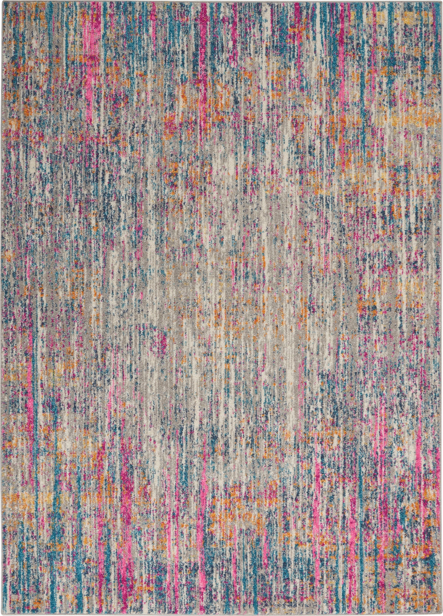 Abstract multicolor area rug with vertical streaks in pink, blue, teal, orange on beige background.