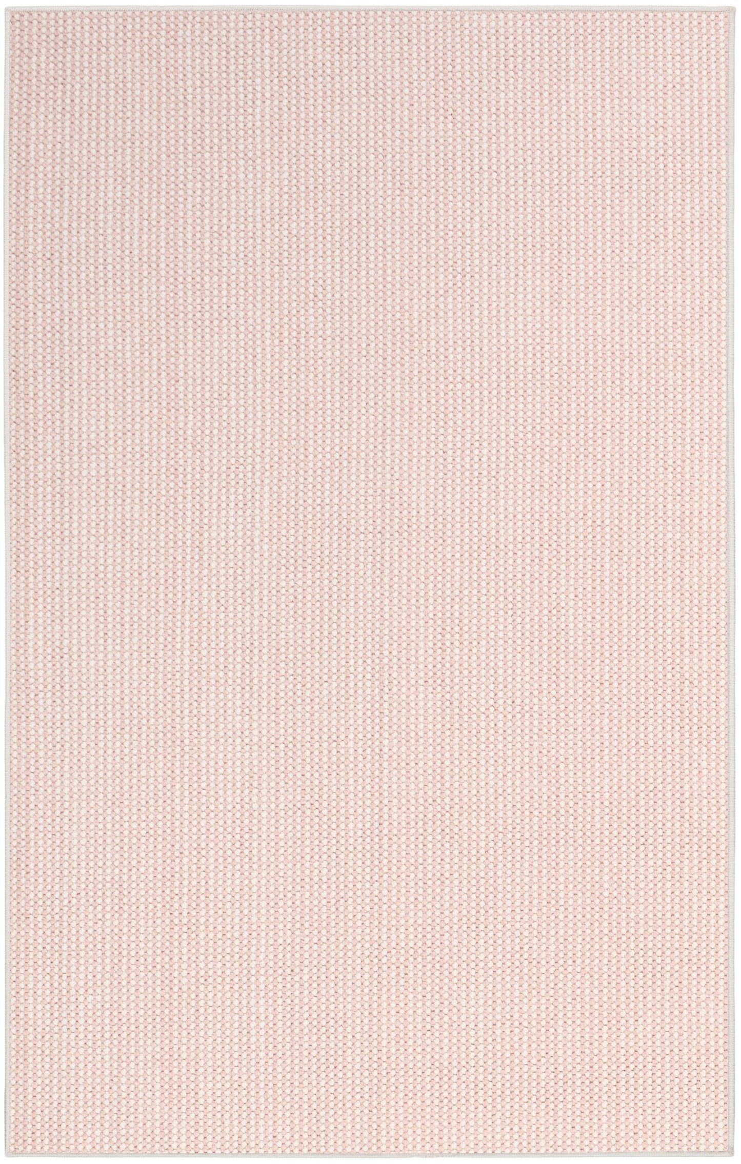 Rectangular pale pink woven rug with subtle looped texture and light beige border.