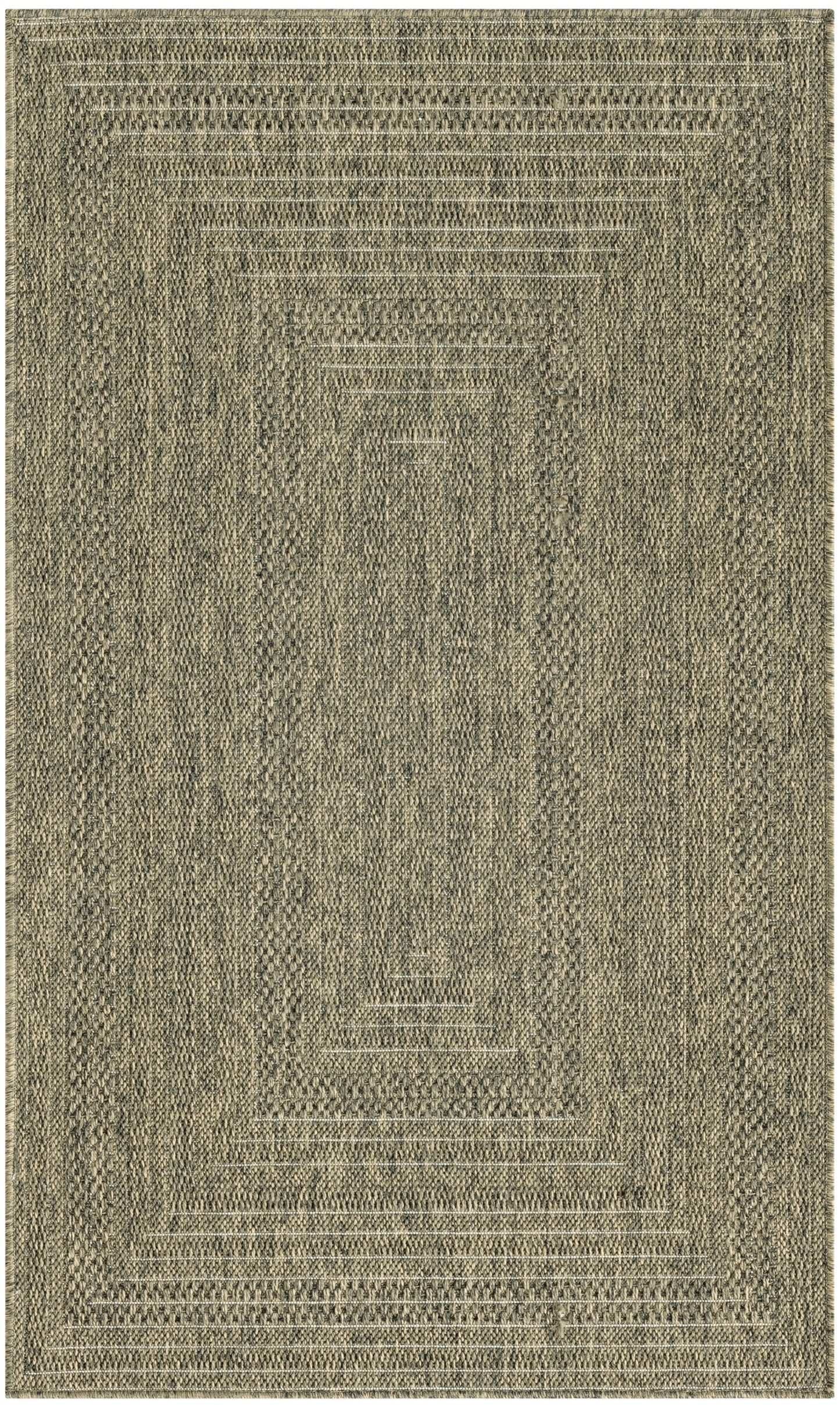Olive-beige woven area rug with concentric rectangular borders & textured geometric motifs