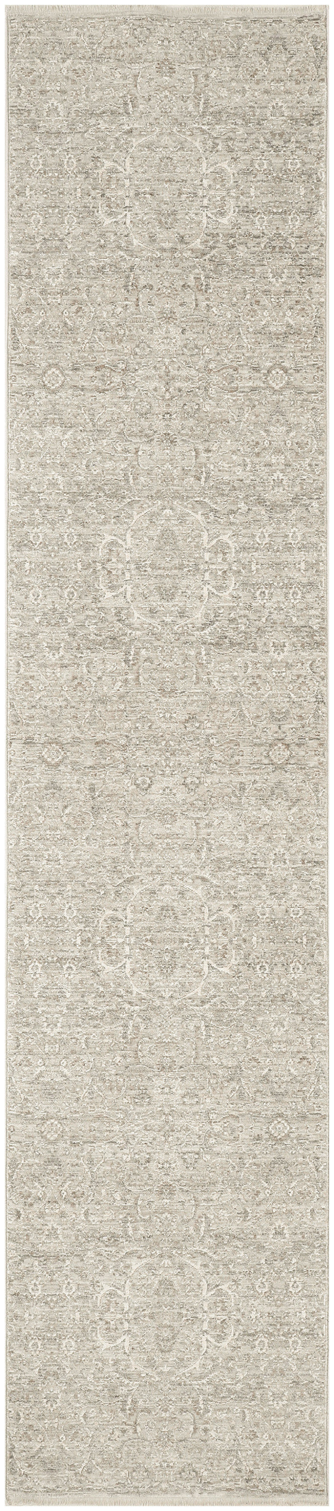 Beige Persian-style runner rug with subtle ivory medallions and ornate floral motifs.