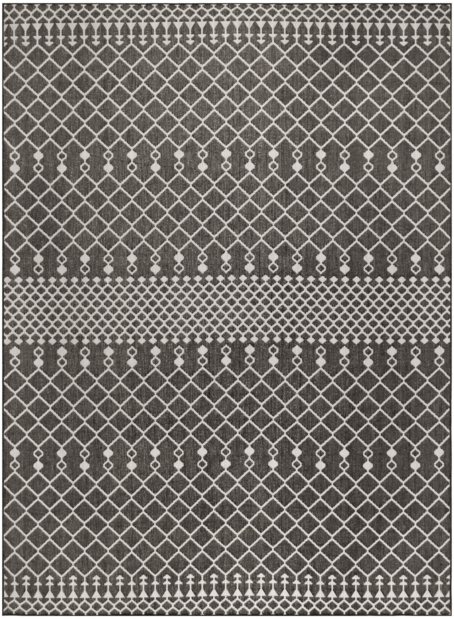 Gray and ivory area rug with a diamond lattice pattern and repeating dot-border bands along the edges.
