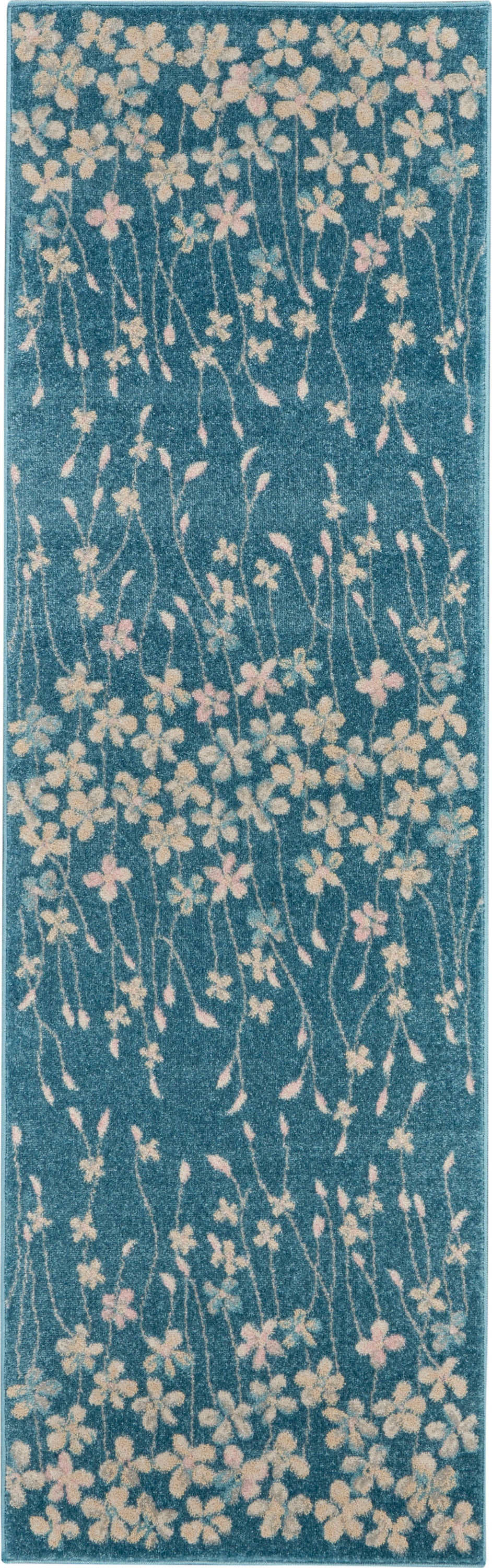 Teal floral runner rug with pastel pink, cream and light blue blossoms on slender stems.