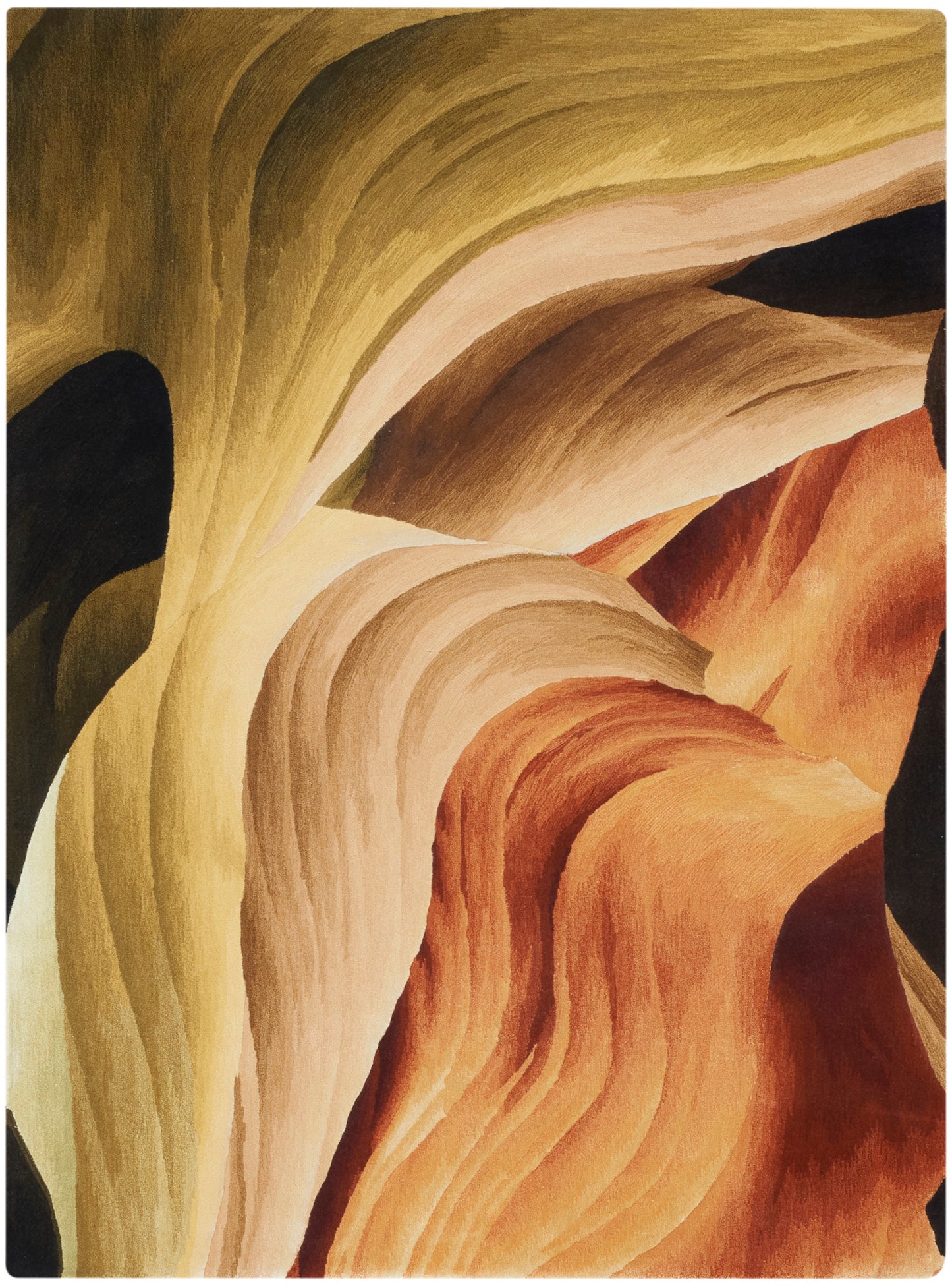 Abstract warm-toned rug with canyon-like curves in yellows, creams, oranges & browns.