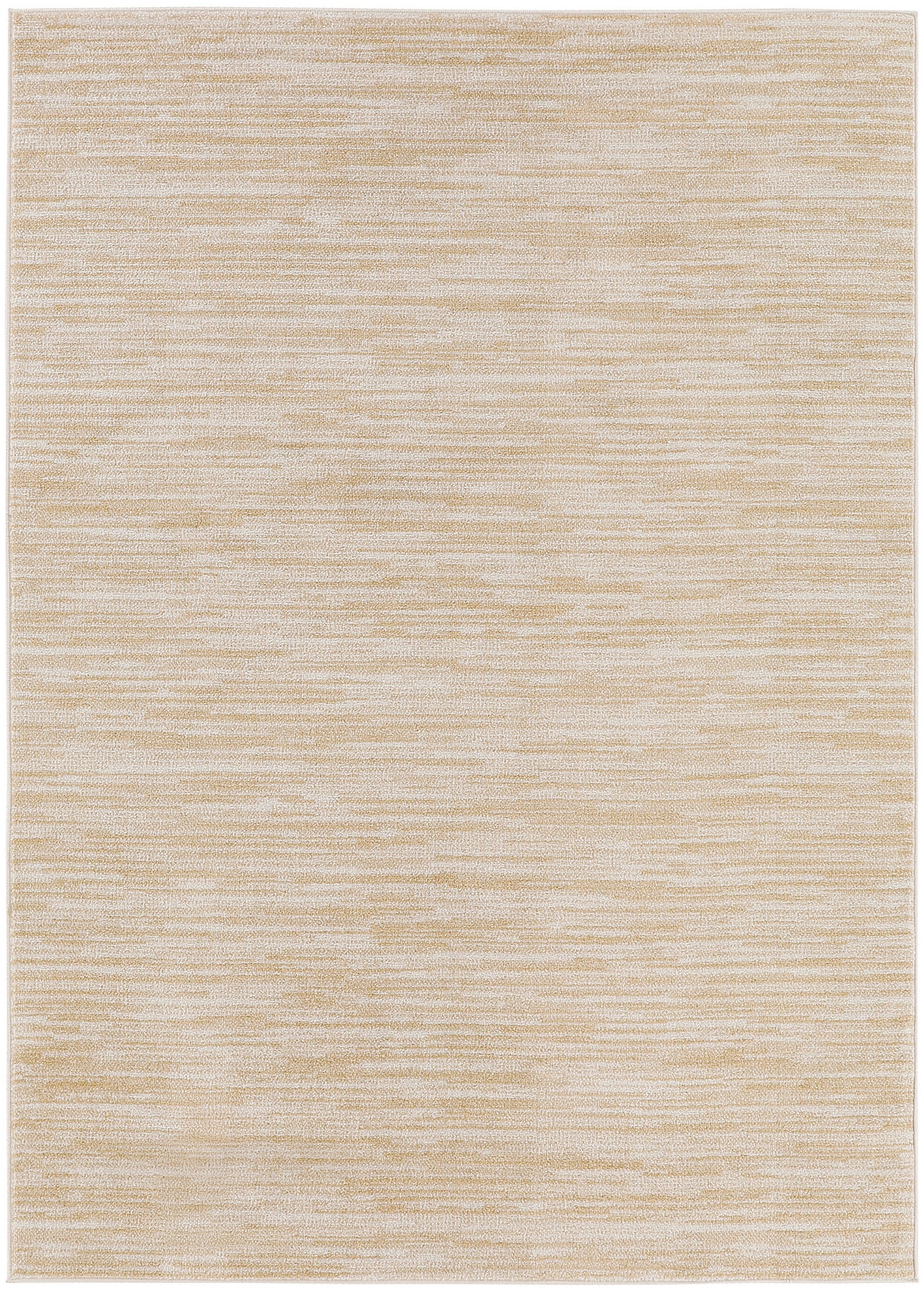 Beige textured area rug with subtle cream and tan horizontal streaks for neutral living room decor.