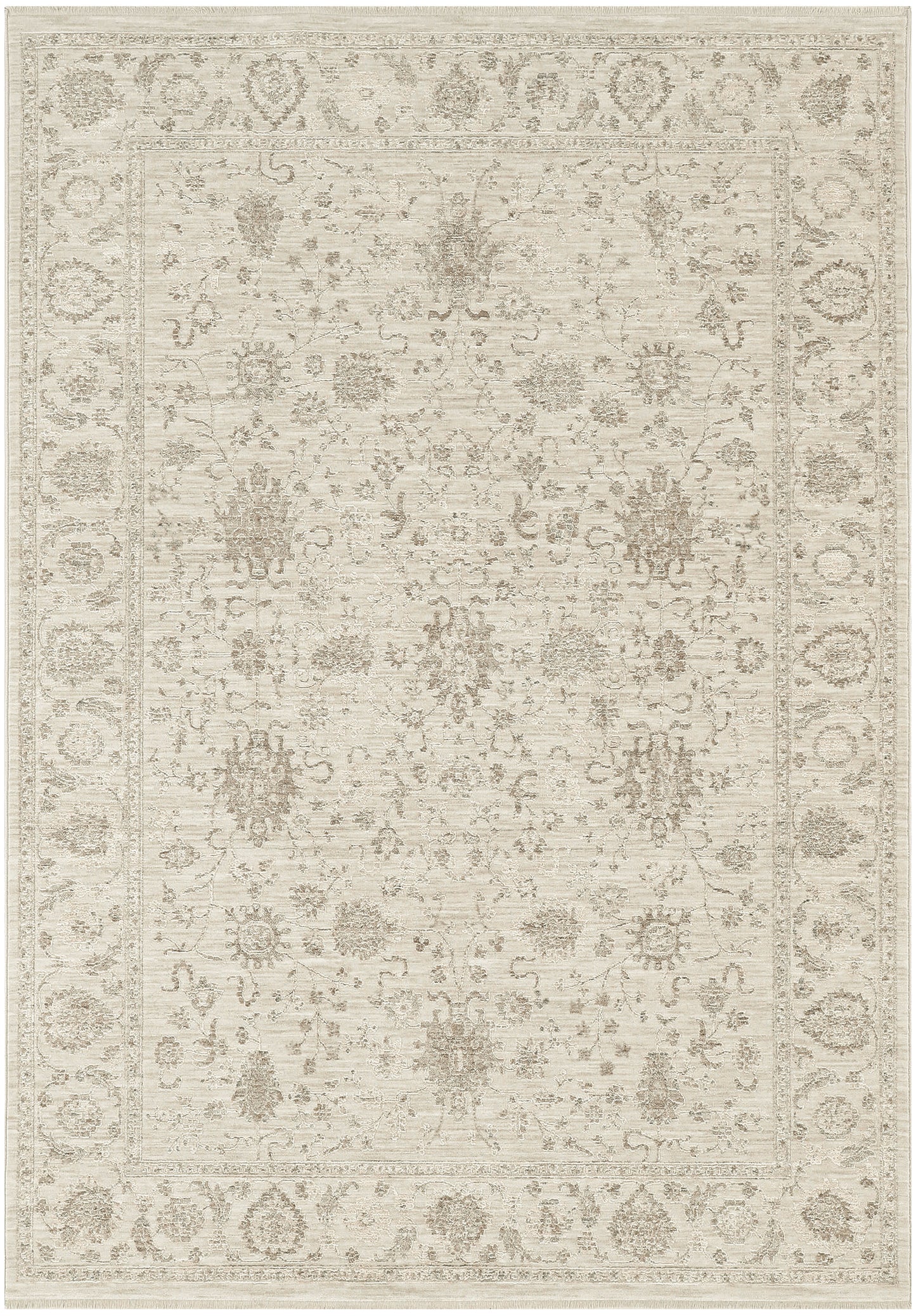 Beige rectangular area rug with antique floral medallion pattern and ornate border, distressed look.