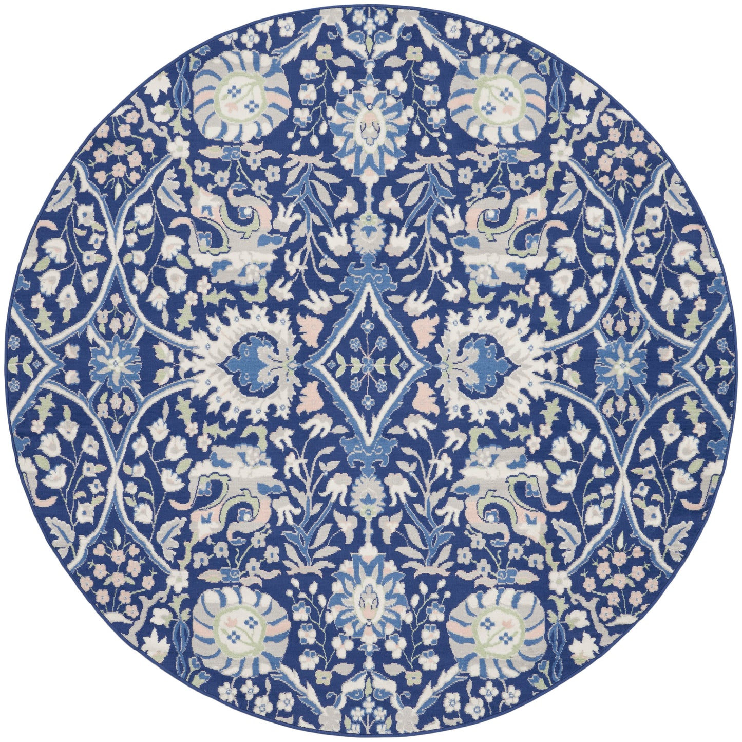 Round blue and white rug with dense floral vines, medallions and lattice motifs in a porcelain-inspired design.