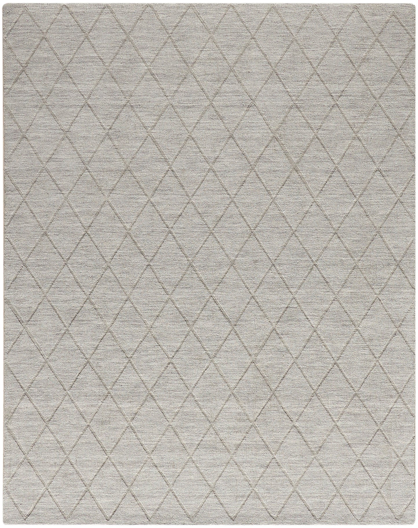 Light gray rectangular rug (8' x 10') with a soft textured surface and a subtle diamond lattice pattern; modern decor.