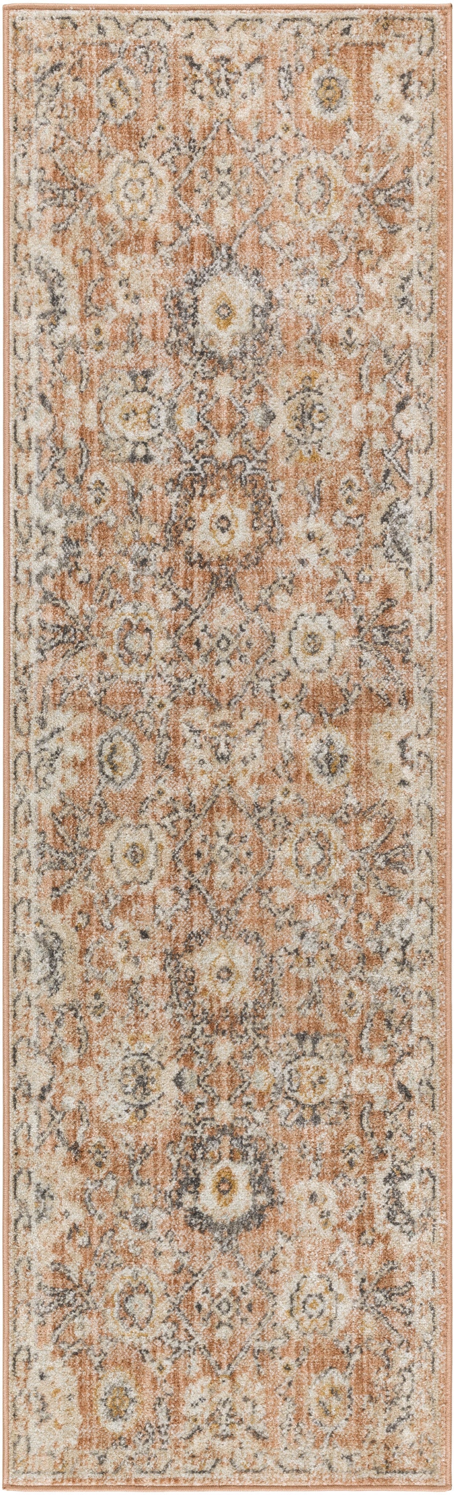 Orange, ivory, and gray distressed oriental-pattern runner rug with bordered edges and vintage vibe.
