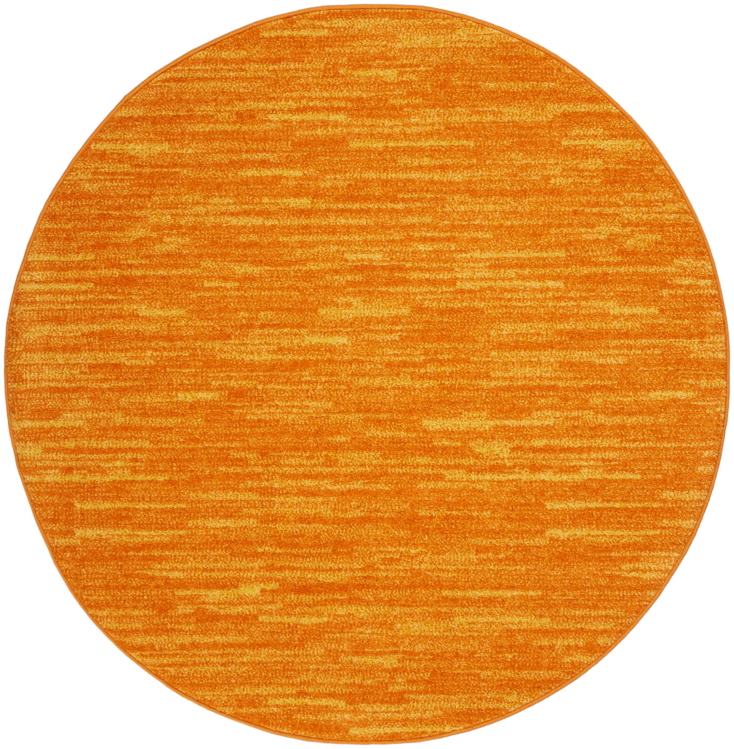 Round orange rug with heathered texture and subtle streaks; soft decorative floor covering.