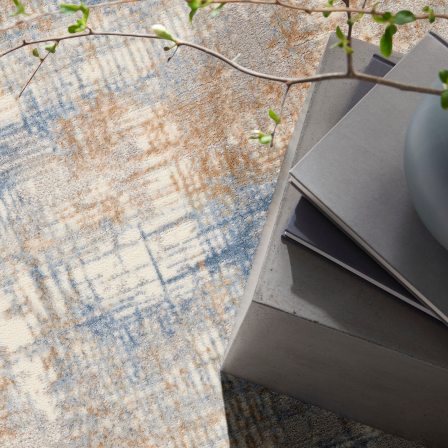 Blue-beige abstract runner rug beside a gray table with stacked magazines; trailing green leafy branch.