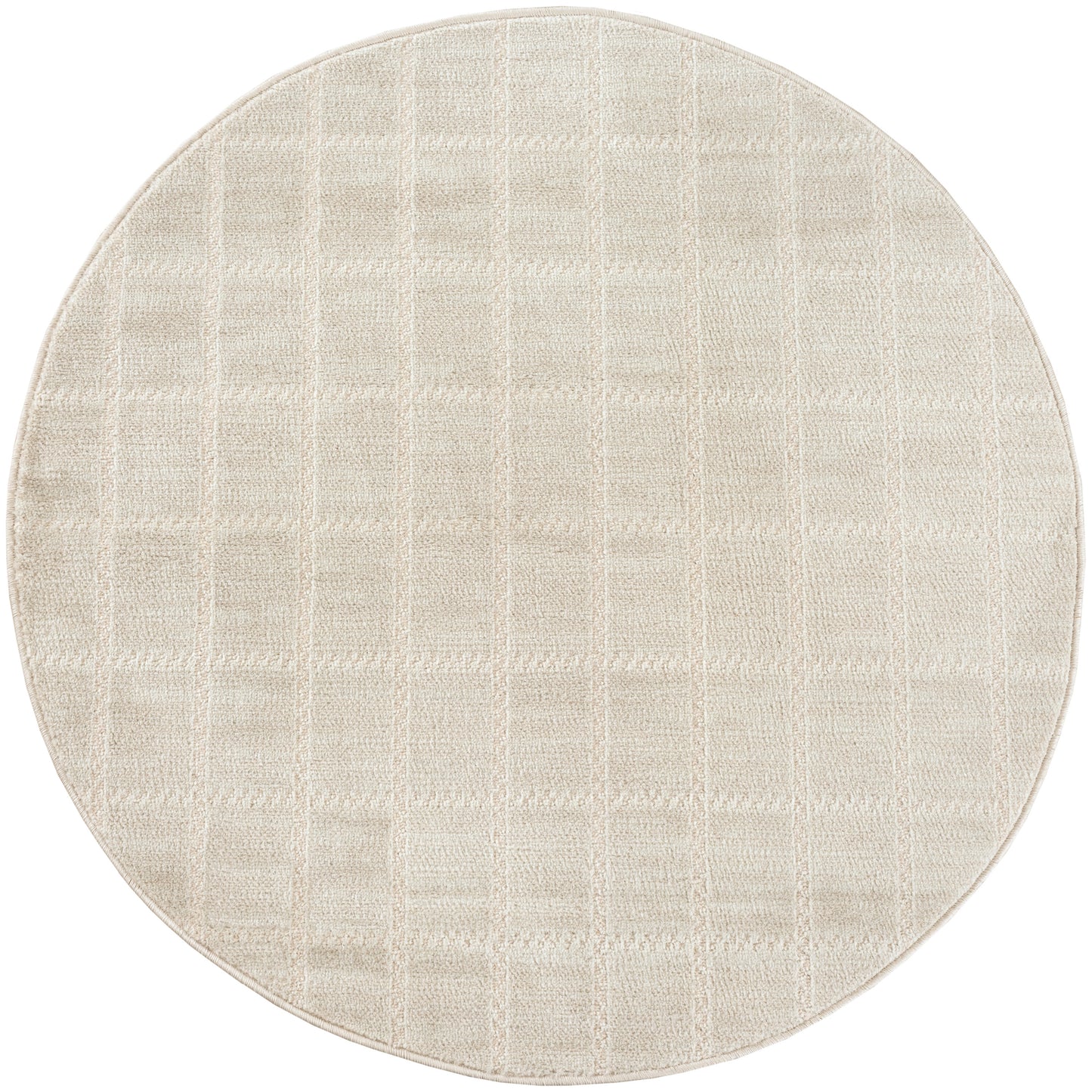 Beige round rug with a textured checkered grid pattern and soft plush pile.