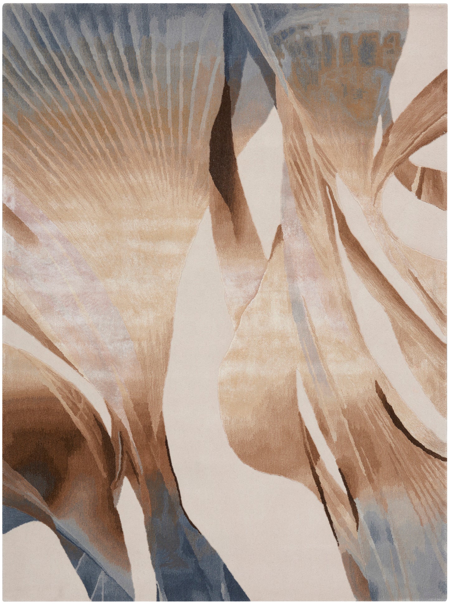 Abstract beige, tan and blue rug with flowing organic shapes; modern, art-inspired decor for living room.