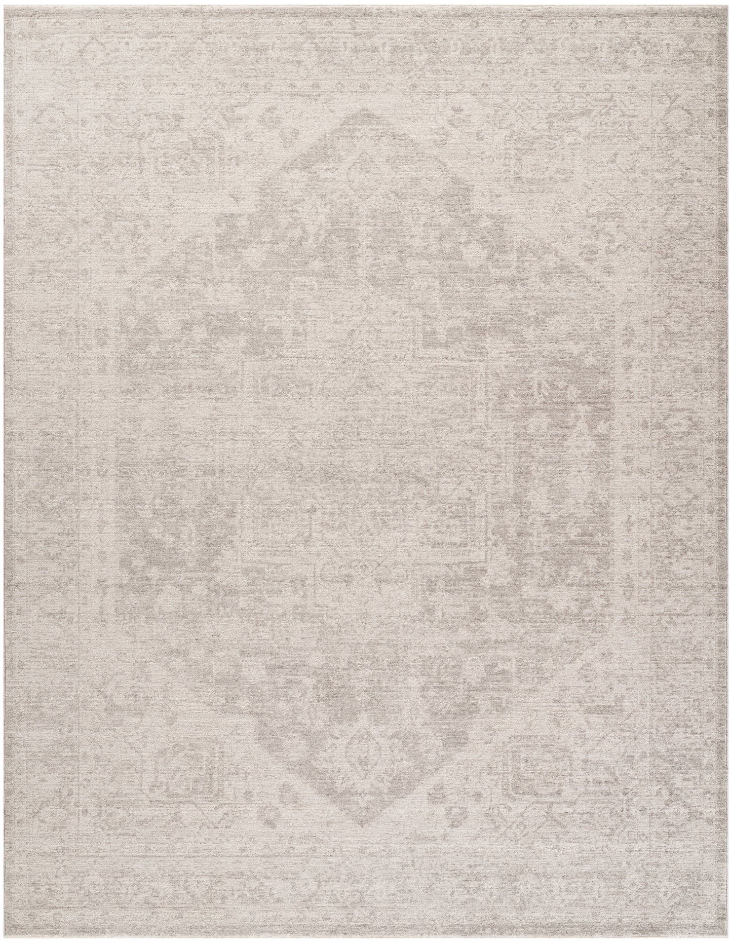 Neutral beige distressed area rug with a faded antique medallion pattern and soft woven texture, rectangular.