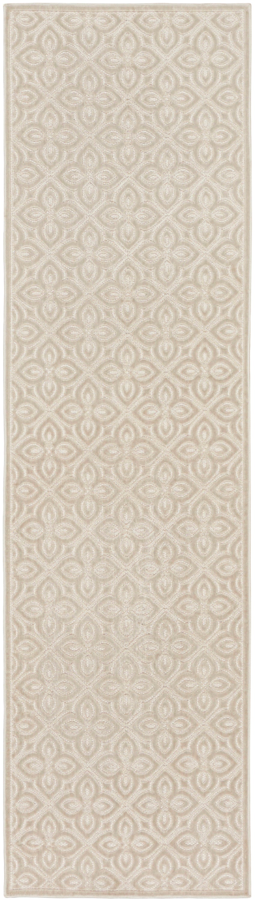 Beige wallpaper panel with cream trellis/quatrefoil pattern and subtle textured finish; tall wall accent.