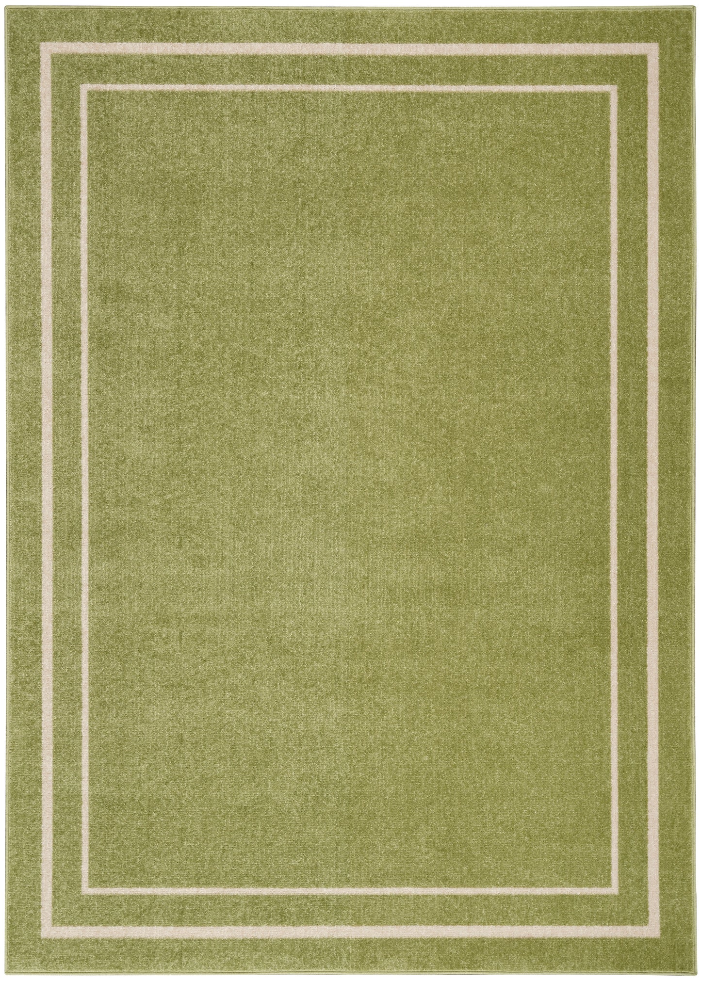 Olive green area rug with cream double border outlining inner rectangles; plush, modern rectangular decor.