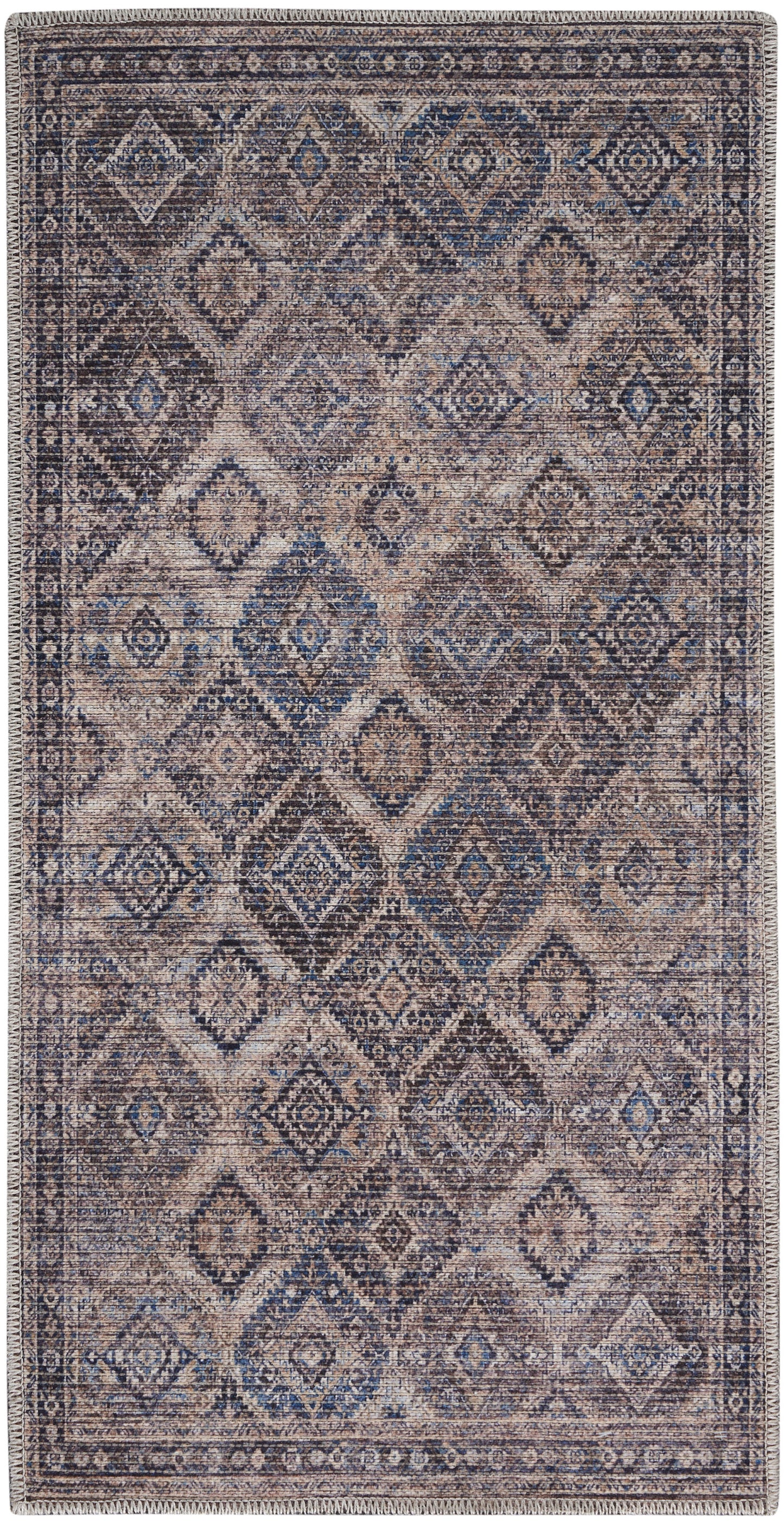 Blue and taupe distressed rug with geometric diamond motifs and fringed ends in a Persian-inspired vintage style.