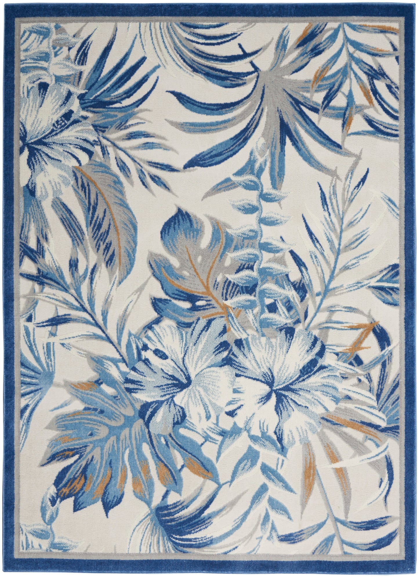 Blue tropical floral area rug with hibiscus and palm leaves on a white background, framed by a dark blue border.