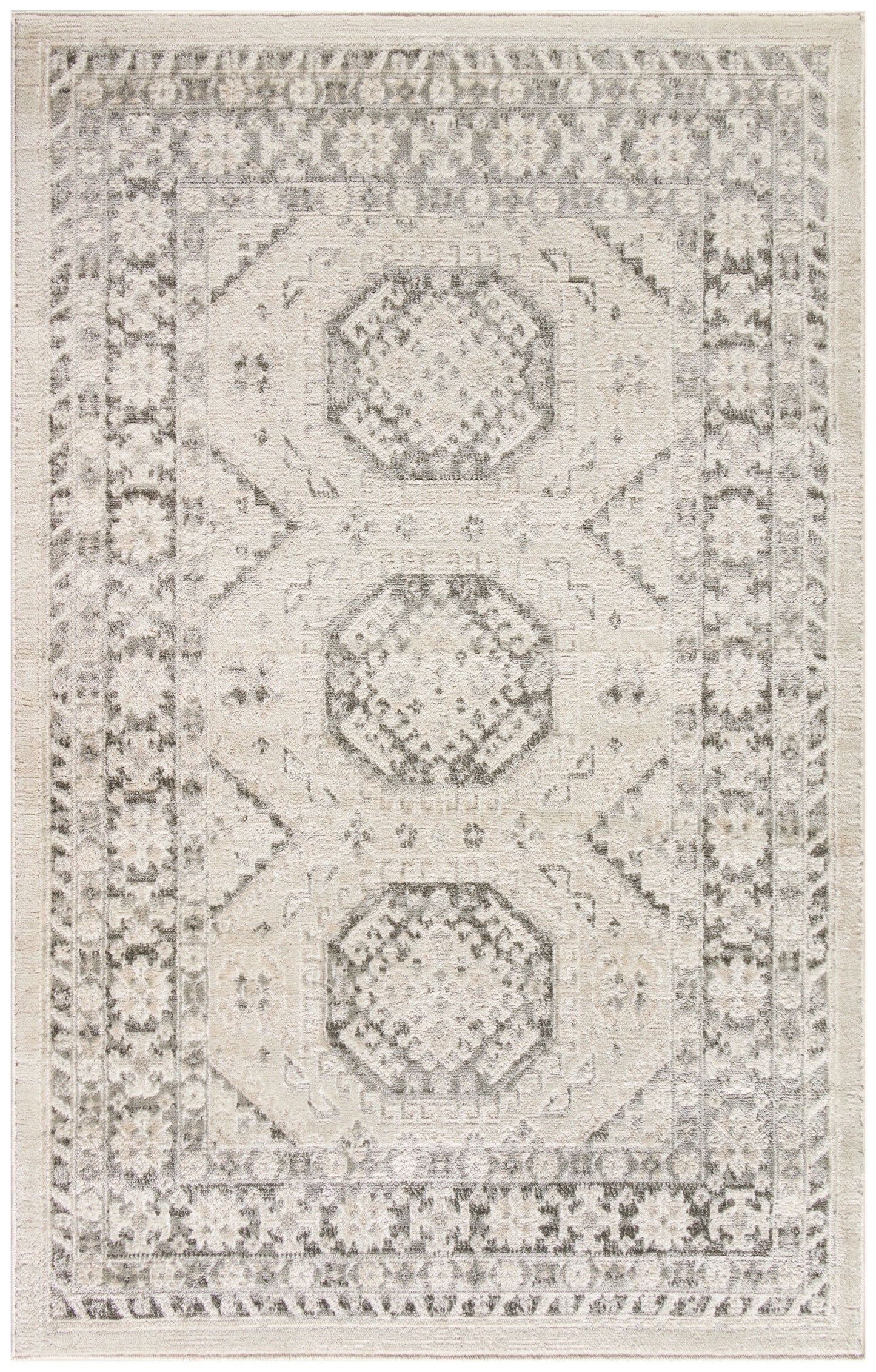 Distressed beige oriental area rug featuring three muted hexagonal medallions and a layered taupe-ivory floral border