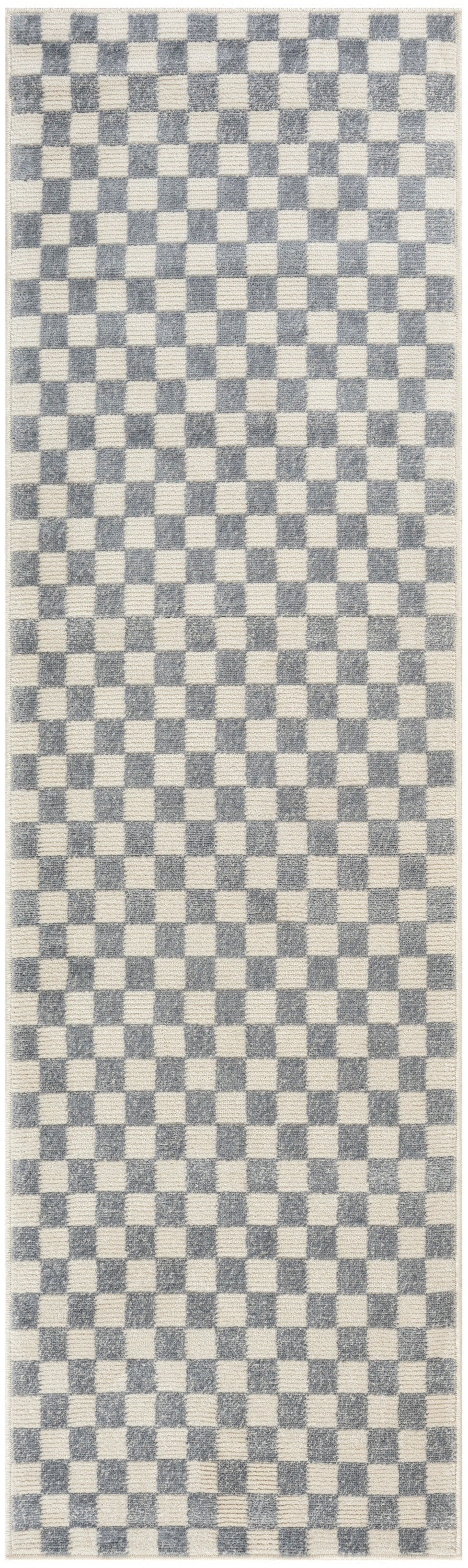 Woven runner rug with cream and blue-gray checkerboard pattern.