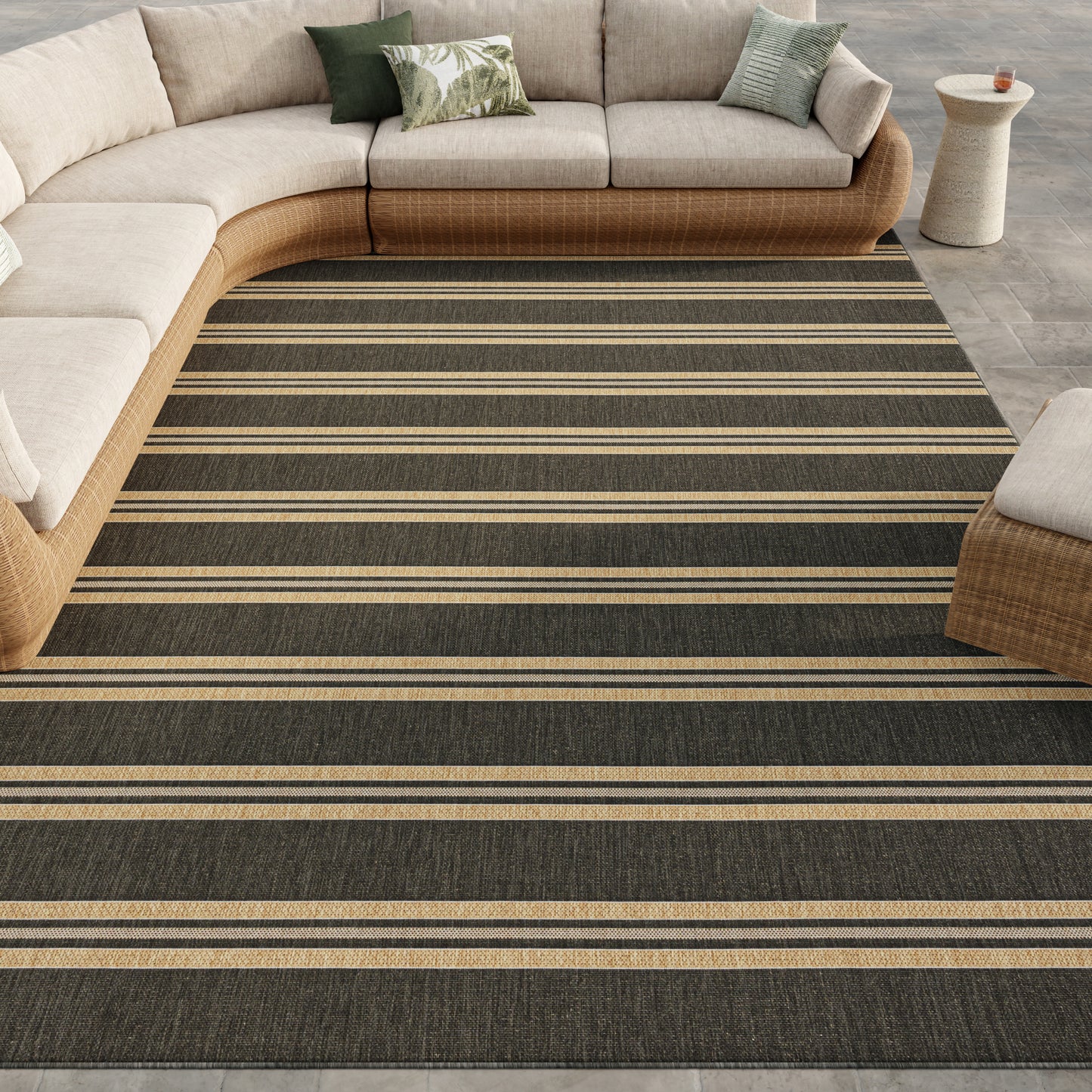 Beige and charcoal striped rug with woven texture, 10' x 14', modern style.