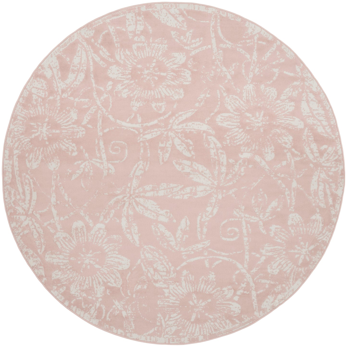 Round blush pink placemat with an allover white floral damask pattern; textile look, perfect for table settings.