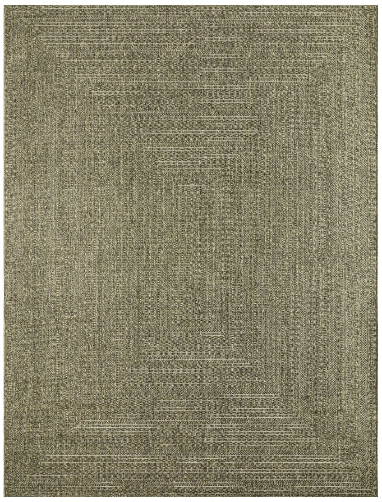 Olive-toned textured outdoor rug with concentric stepped rectangle pattern for modern geometric decor, 8' x 10'.