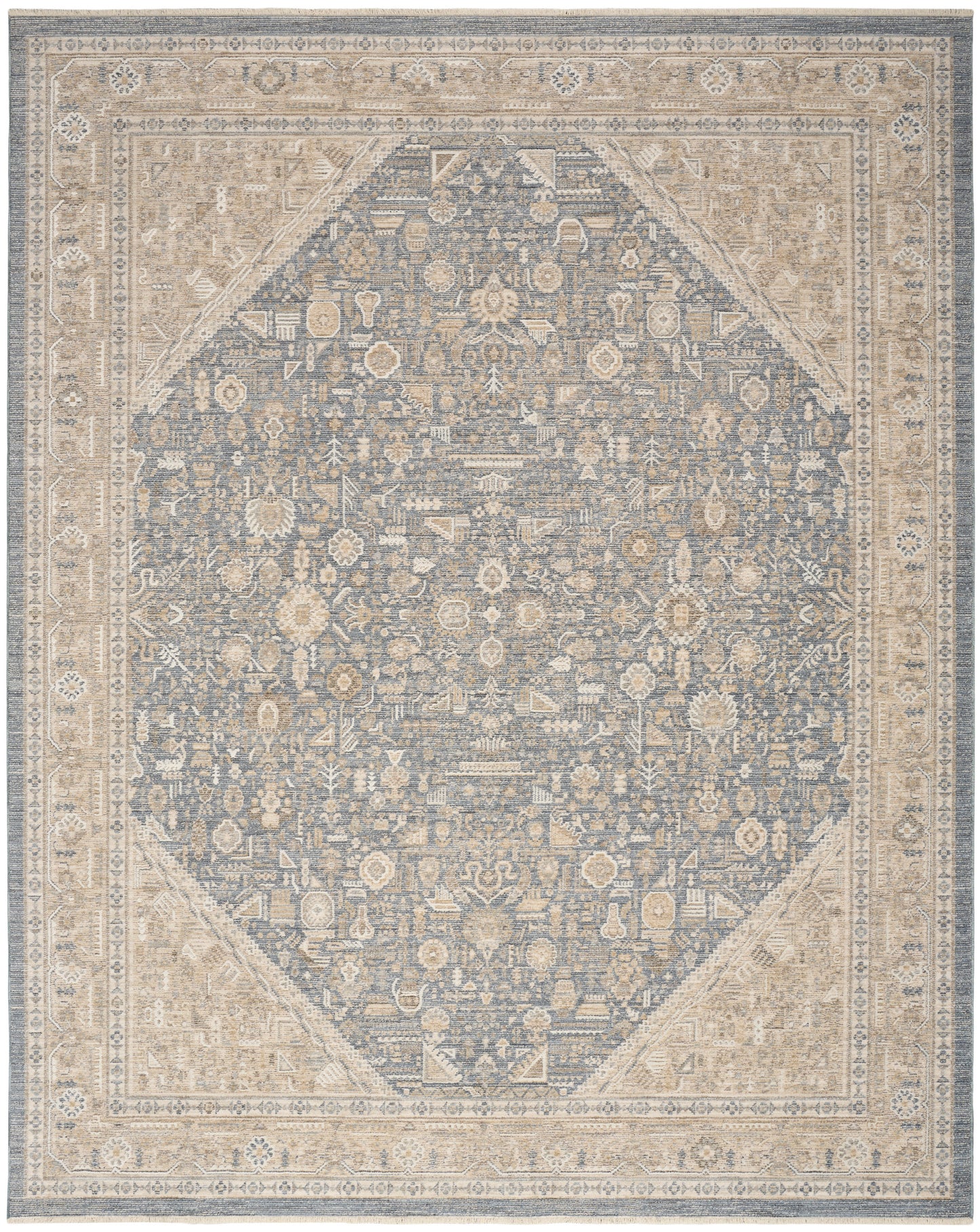 Blue-gray oriental area rug with ivory beige border and floral medallion pattern; distressed vintage look.