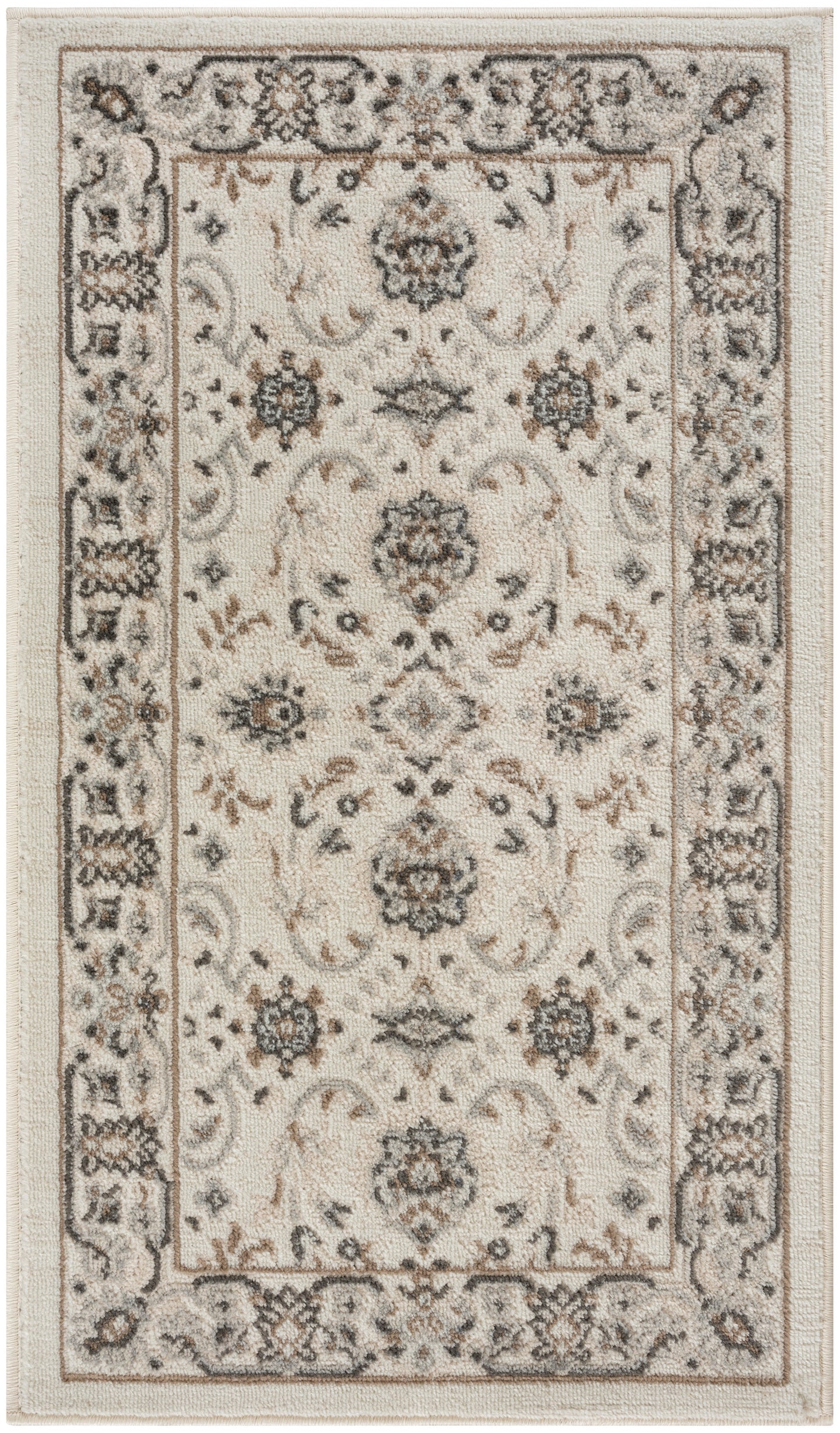 Rectangular cream oriental rug with brown-gray floral medallions and decorative border; vintage style; 2' x 4'.