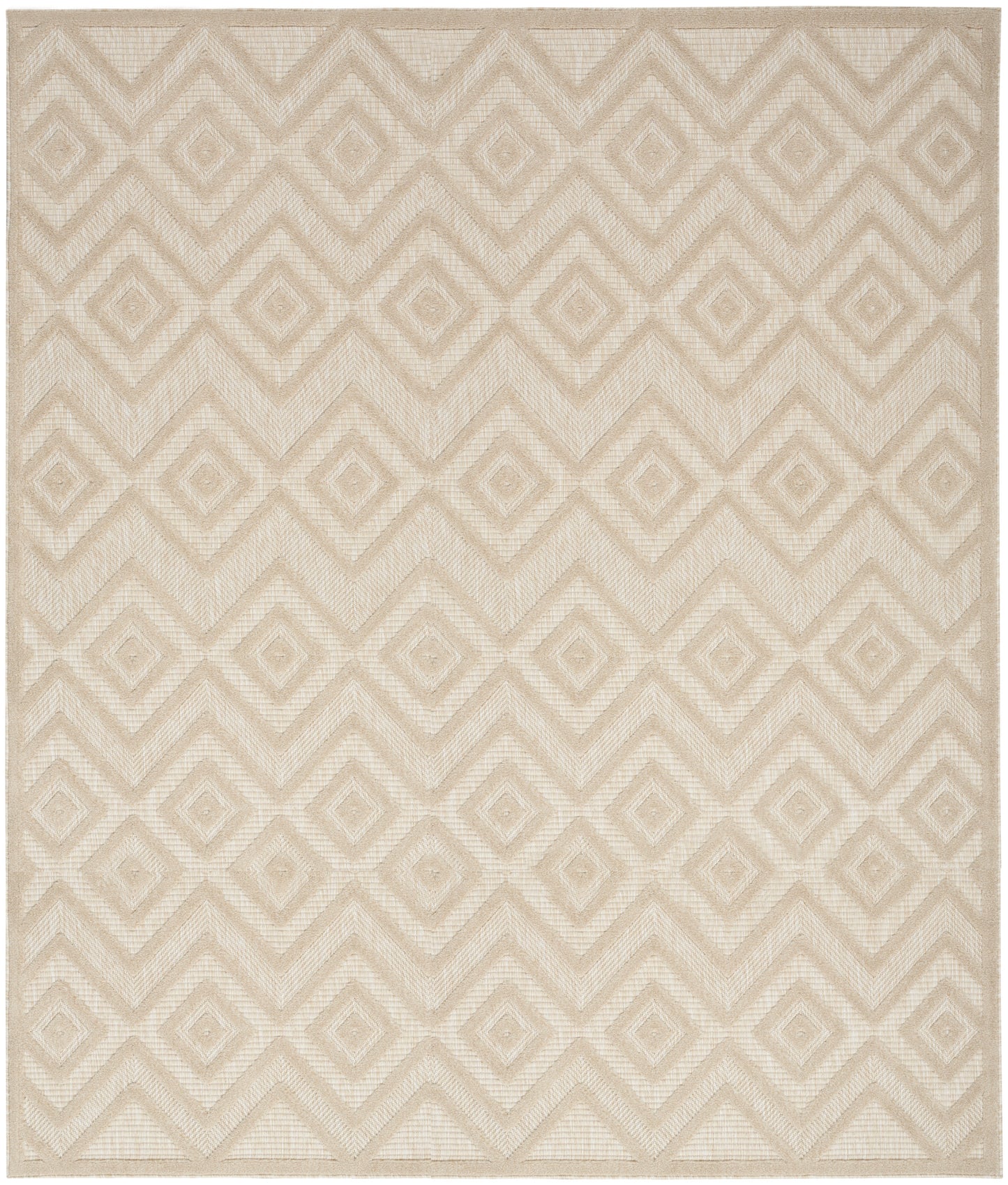 Beige geometric rug with stacked diamond lattice pattern; soft woven texture, neutral modern style.
