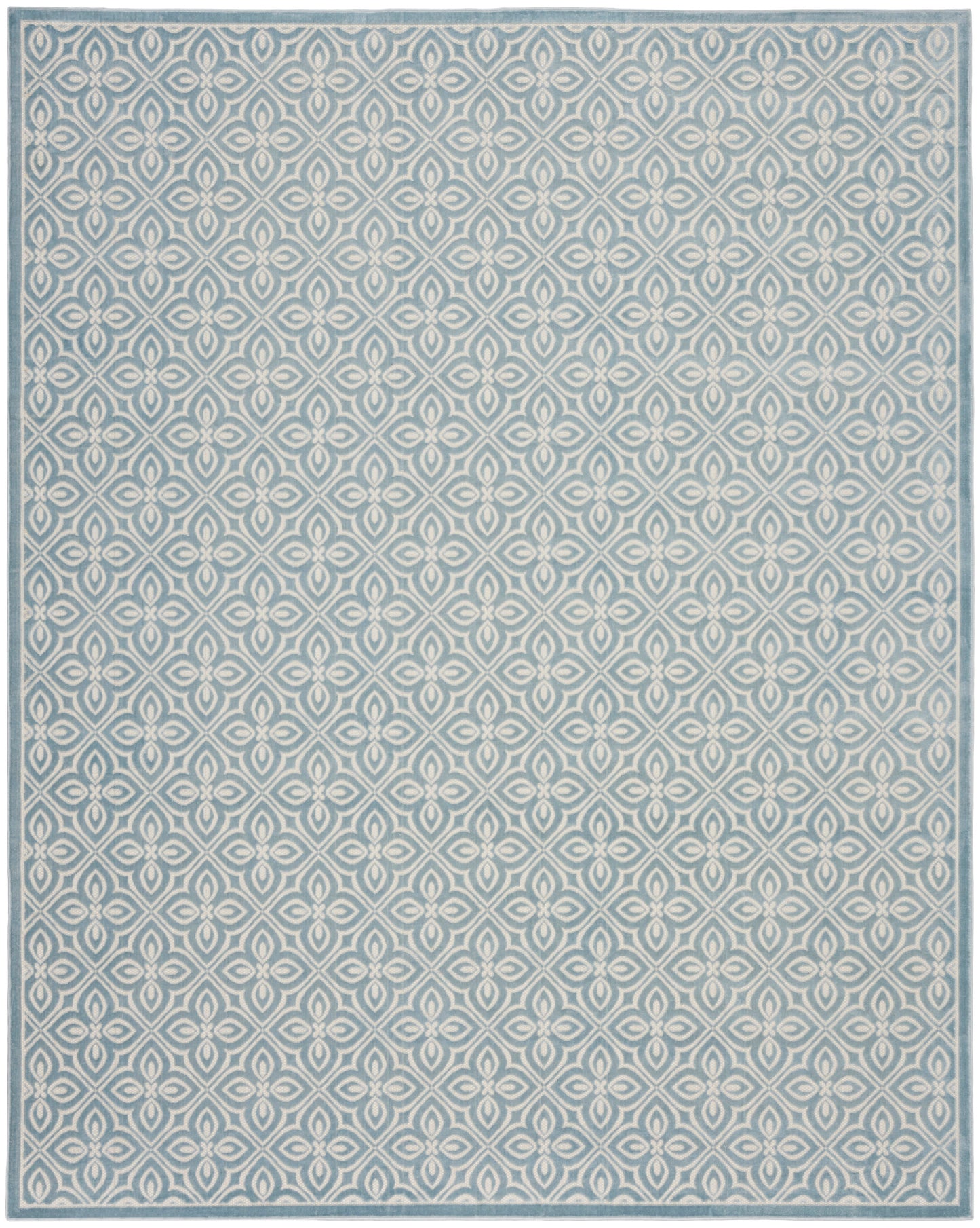 Rectangular rug with soft blue-gray background and ivory interlocking geometric lattice pattern.
