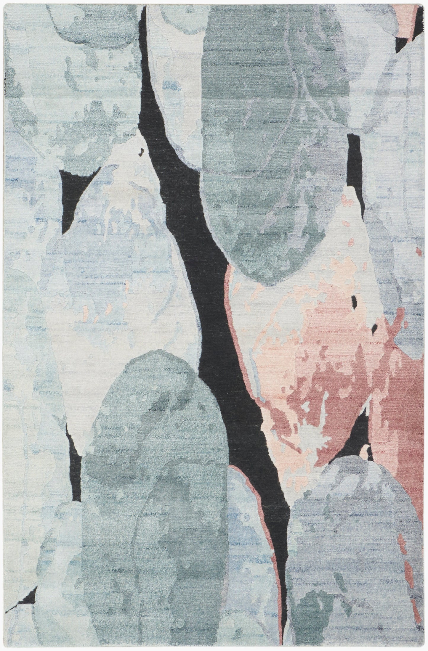 Abstract pastel rug with light blues, teals, blush pinks and black lines; modern abstract pattern.