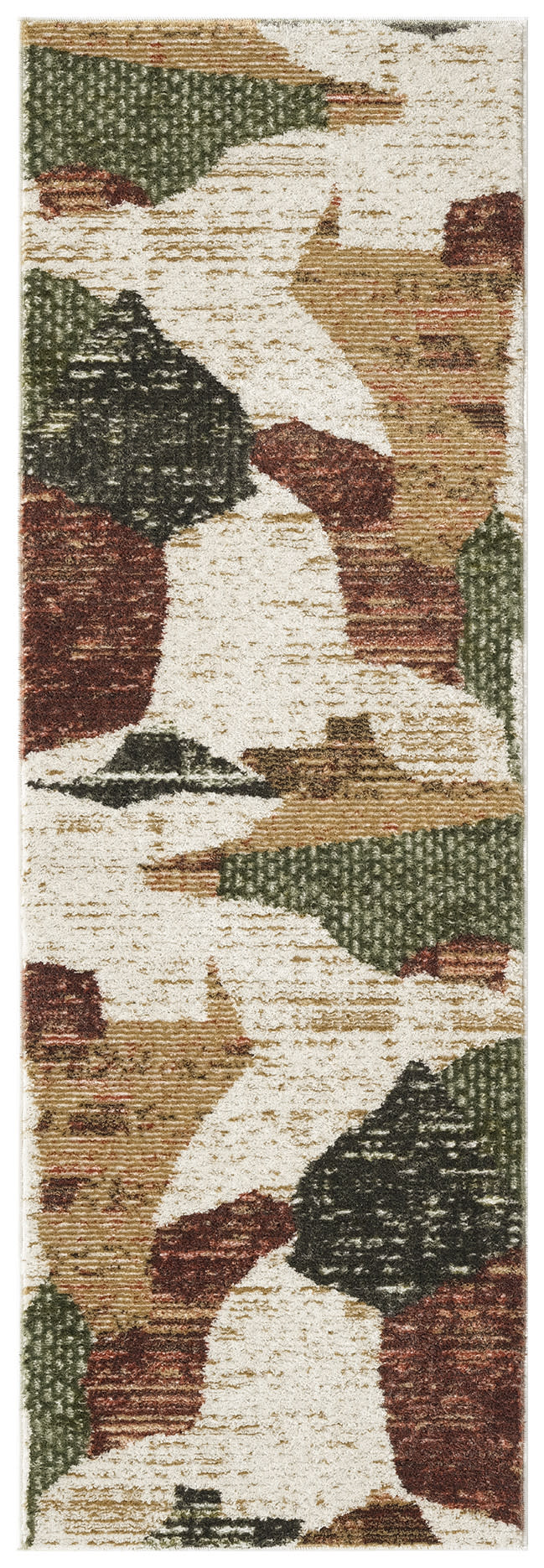 Narrow abstract patchwork runner rug with cream base and green, rust, tan, and black blocks; woven textured.