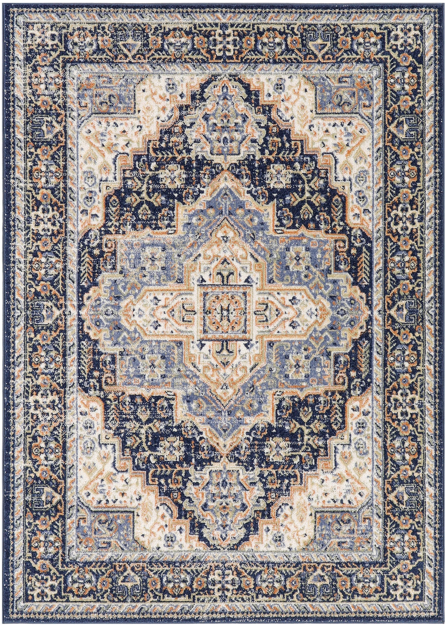 Blue and ivory Persian-style area rug (4' x 6') with central medallion and ornate floral border.