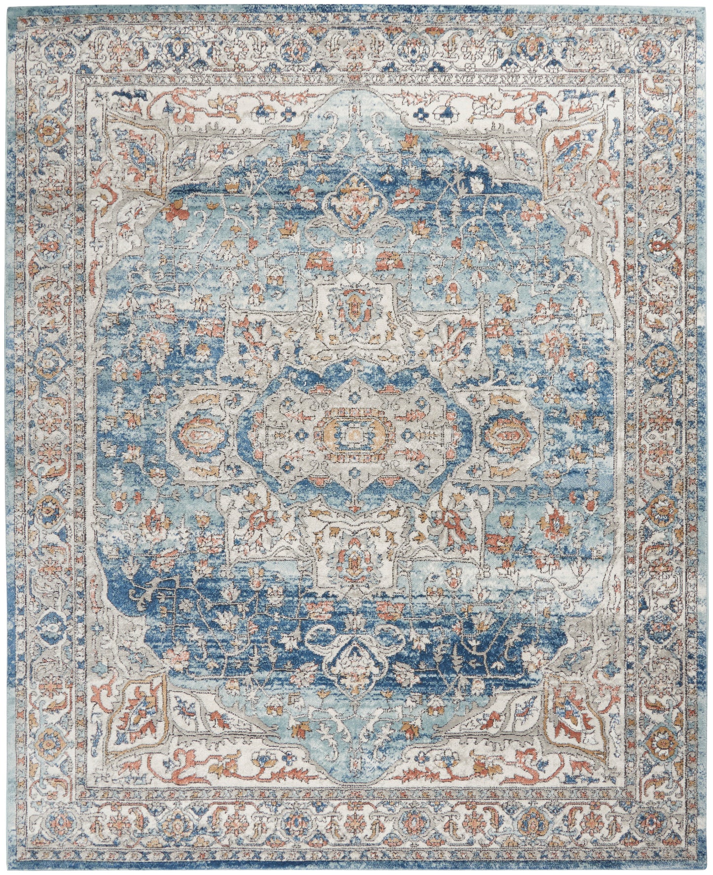 Persian-style blue and ivory area rug with central medallion, intricate floral motifs, and ornate border.