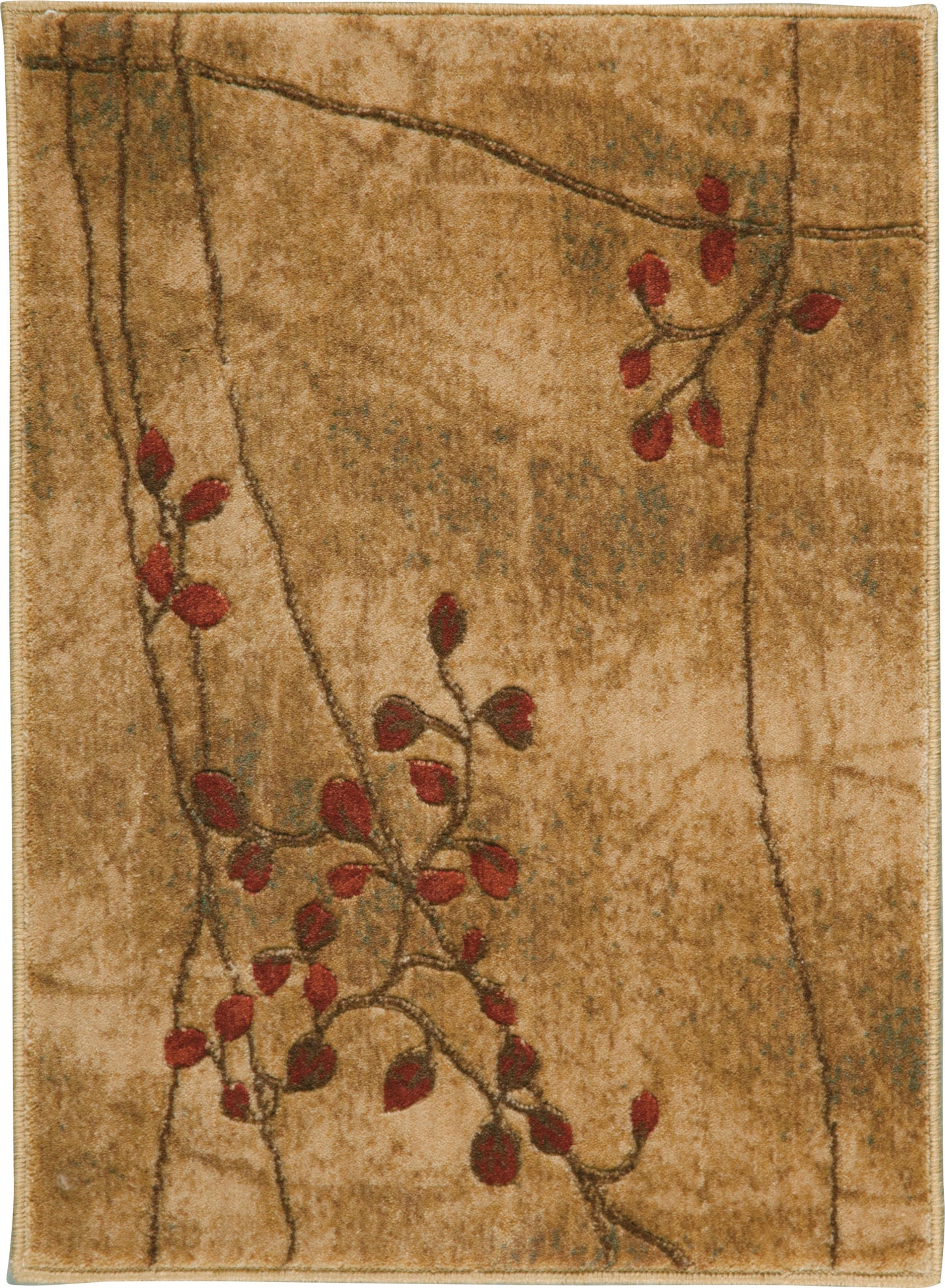 Rectangular tan plush area rug with brown vine-like branches and red berry accents.