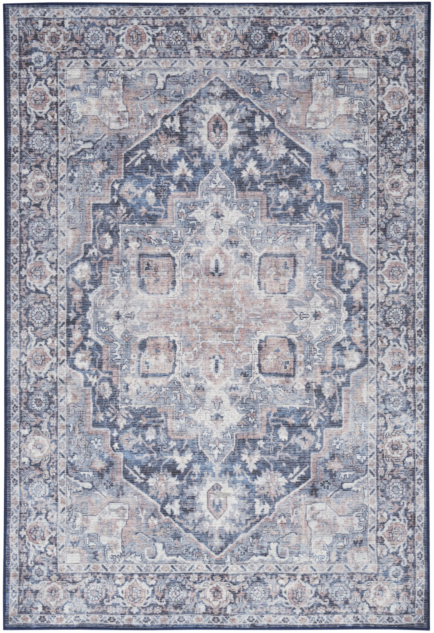 Blue distressed Persian-style area rug with ivory accents, central geometric medallion and ornate floral border.