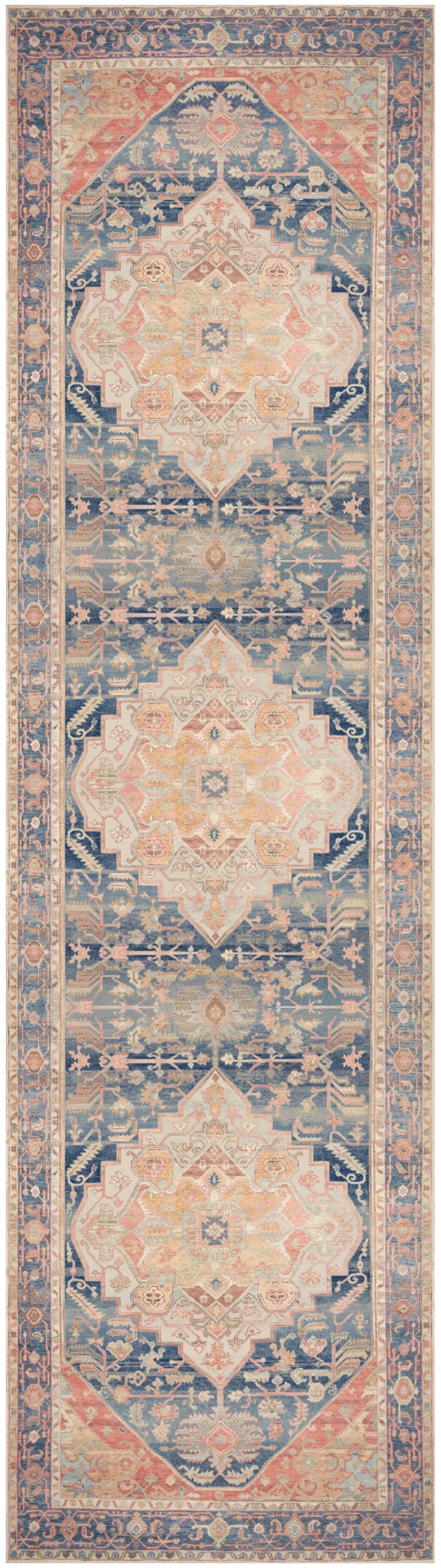 Long oriental rug runner with peach medallions on a deep blue field, ivory borders and floral accents.