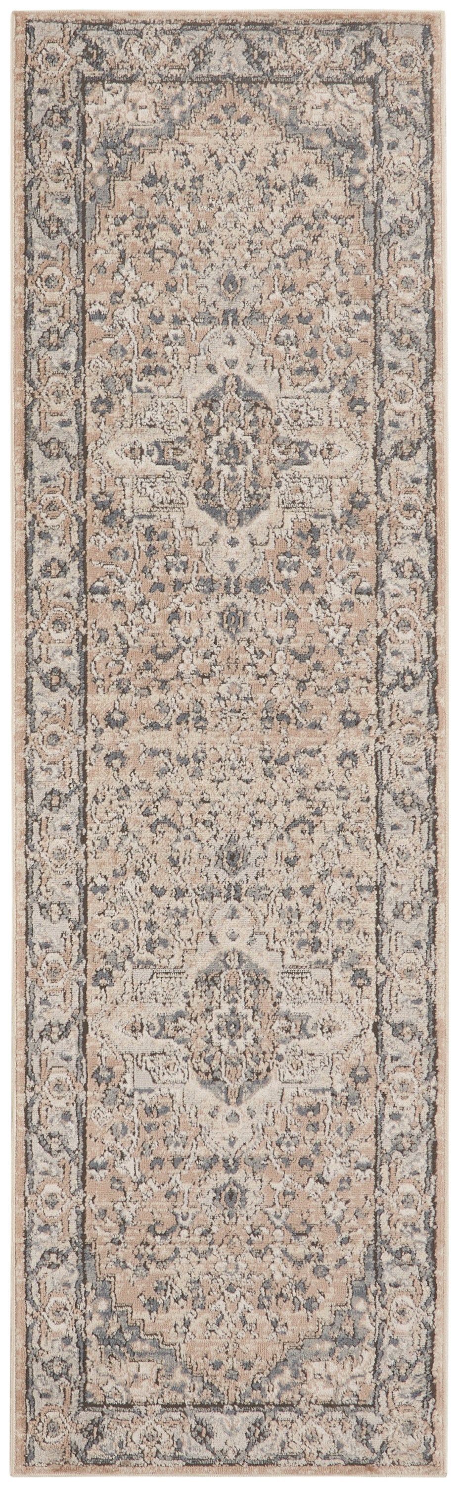 Long beige farmhouse-style runner rug with intricate central medallions and a blue-gray border.