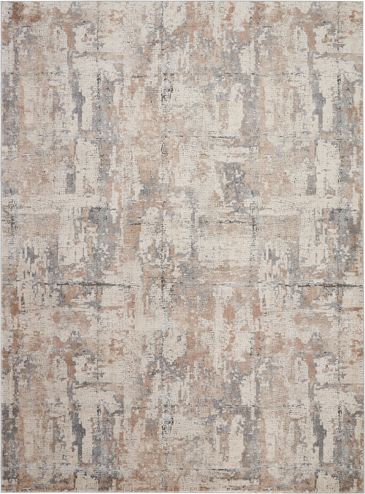 Abstract distressed rug in beige, cream, taupe and gray; modern patchwork design with a soft woven texture.