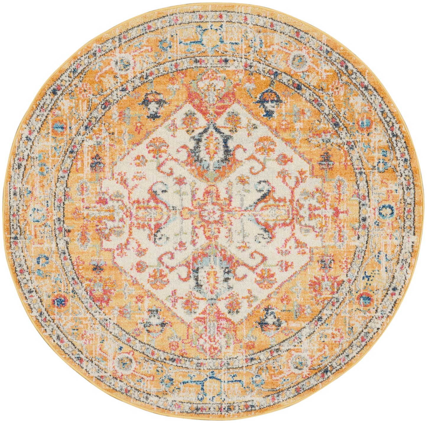 Round oriental rug with ivory center, amber border, and distressed multicolor motifs in pink, blue and gold.
