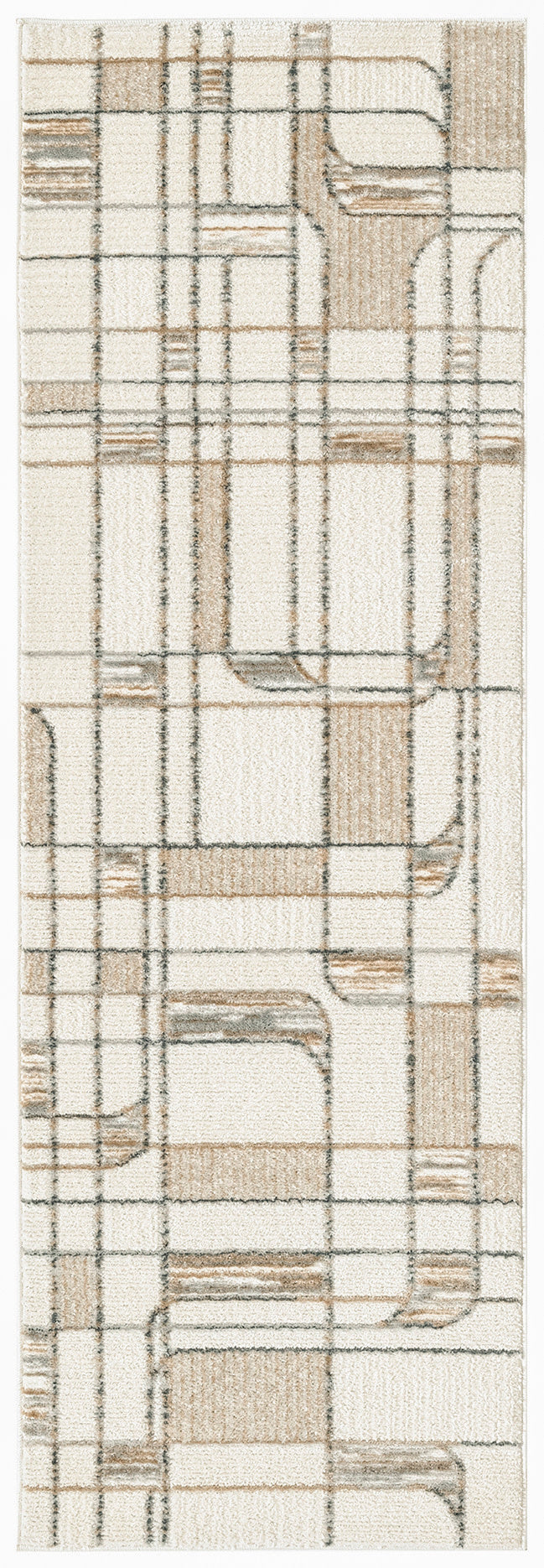Cream beige long runner rug with abstract plaid grid in tan and brown tones; soft textured surface.