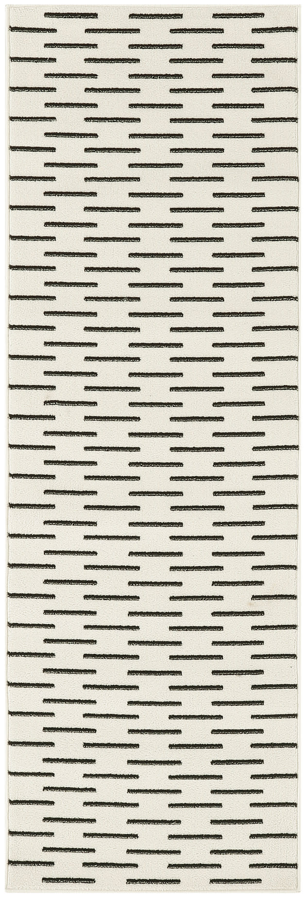 Cream runner rug for hallways with a modern pattern of evenly spaced black dash lines.