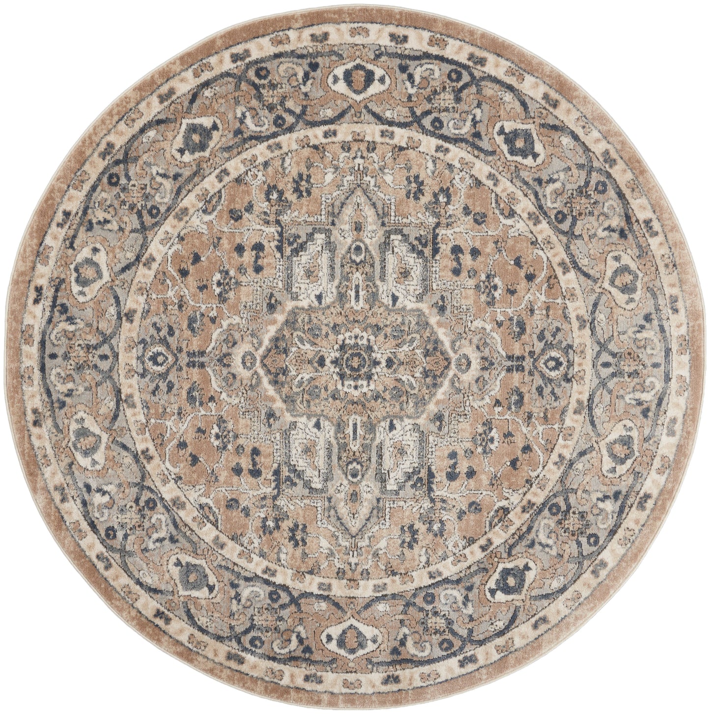Round beige and ivory oriental rug with navy blue border and central medallion.