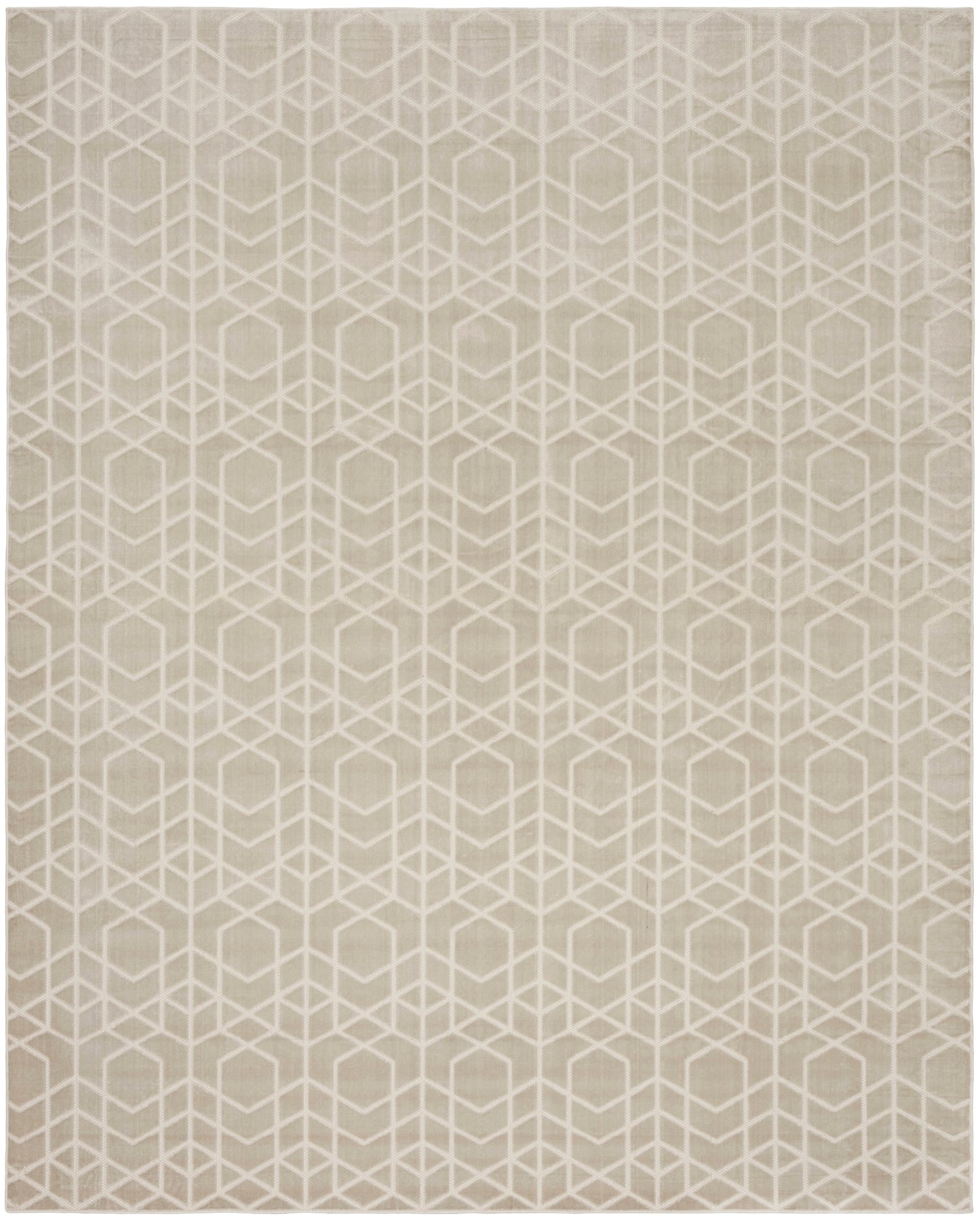 Beige rug with white geometric cube pattern; modern neutral texture for living rooms.