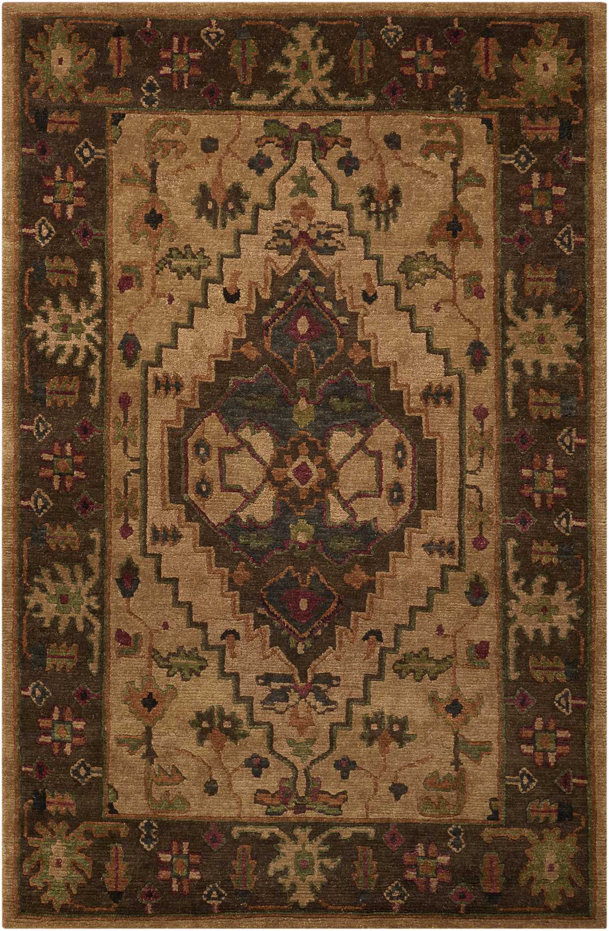 Beige oriental rug with dark brown border and ornate green, teal, red motifs; stepped central medallion and floral border.