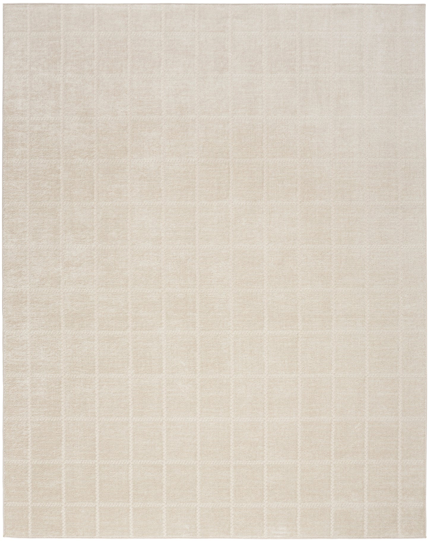 Beige rectangular area rug with subtle cream grid pattern and soft, textured surface.