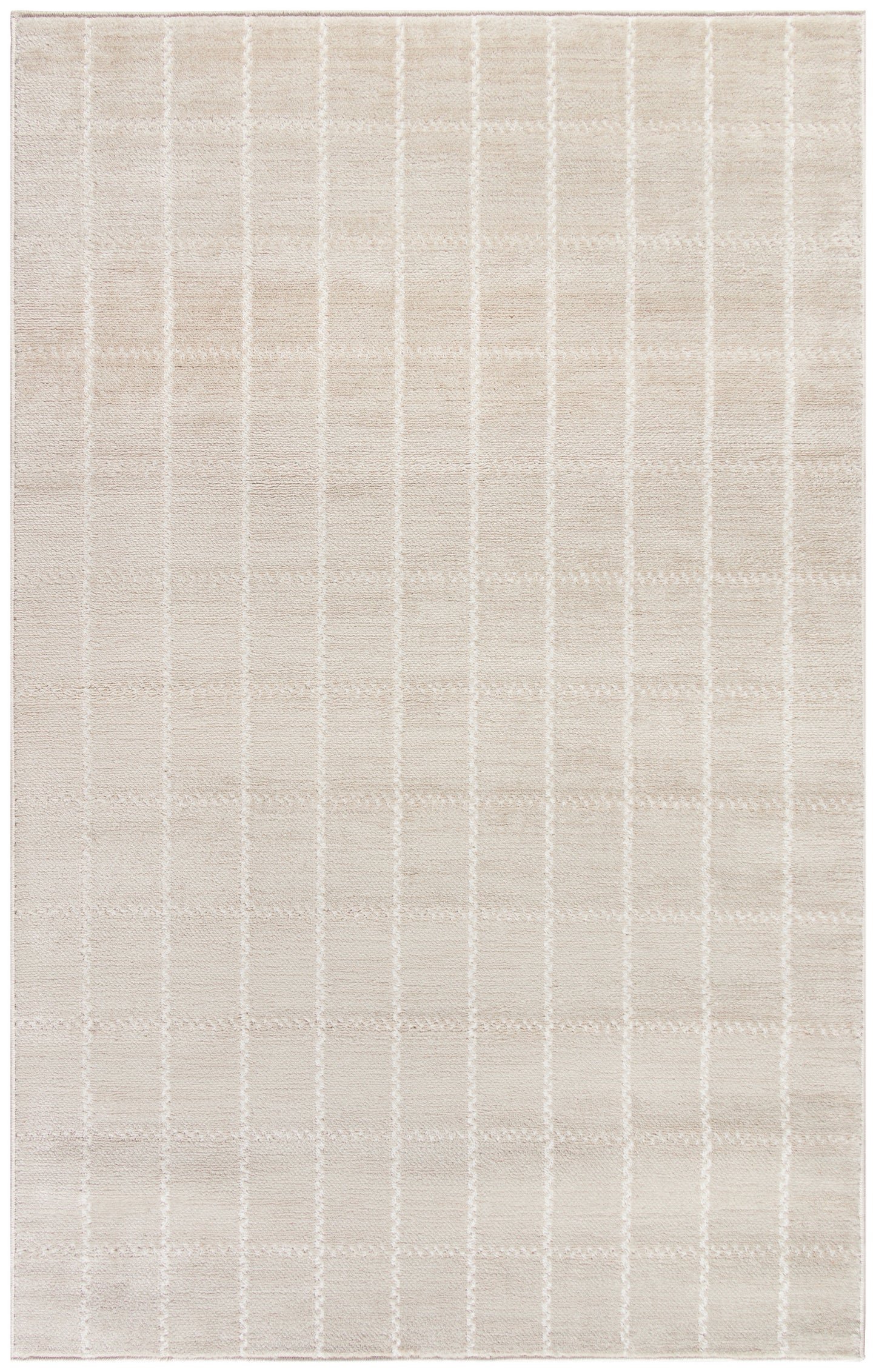 Beige rug with pale white grid lines forming squares; soft plush texture.